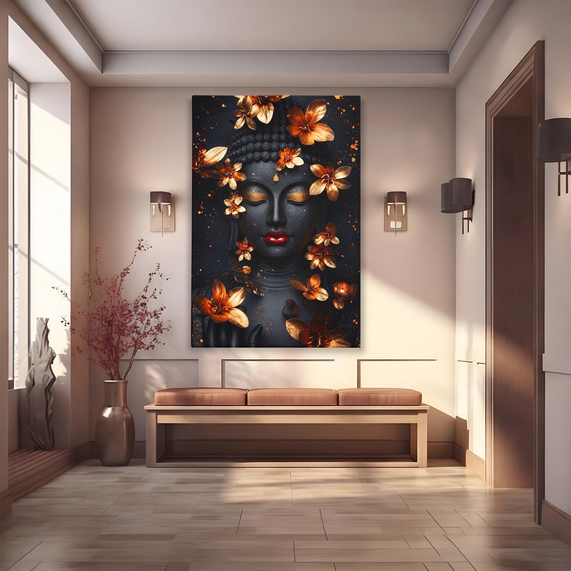 Tablou Canvas Premium LuxCanva® I144, Flori de Aur, Buddha, Flori, Meditatie, Spiritualitate, Dormitor, Culori Vibrante
