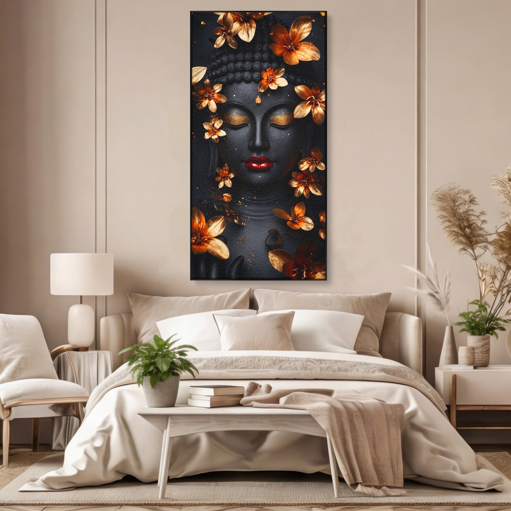 Tablou Canvas Premium LuxCanva® I144, Flori de Aur, Buddha, Flori, Meditatie, Spiritualitate, Dormitor, Culori Vibrante