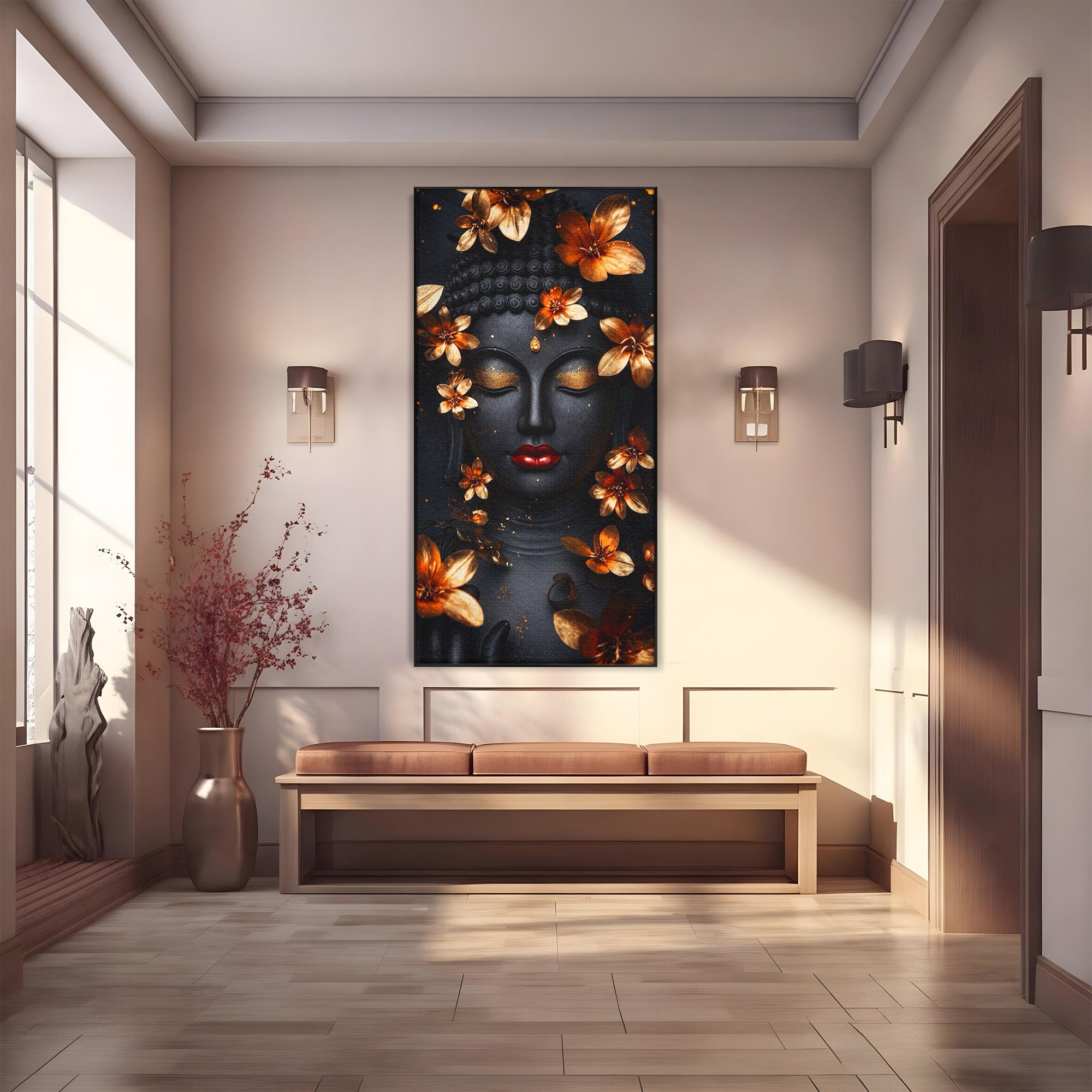 Tablou Canvas Premium LuxCanva® I144, Flori de Aur, Buddha, Flori, Meditatie, Spiritualitate, Dormitor, Culori Vibrante