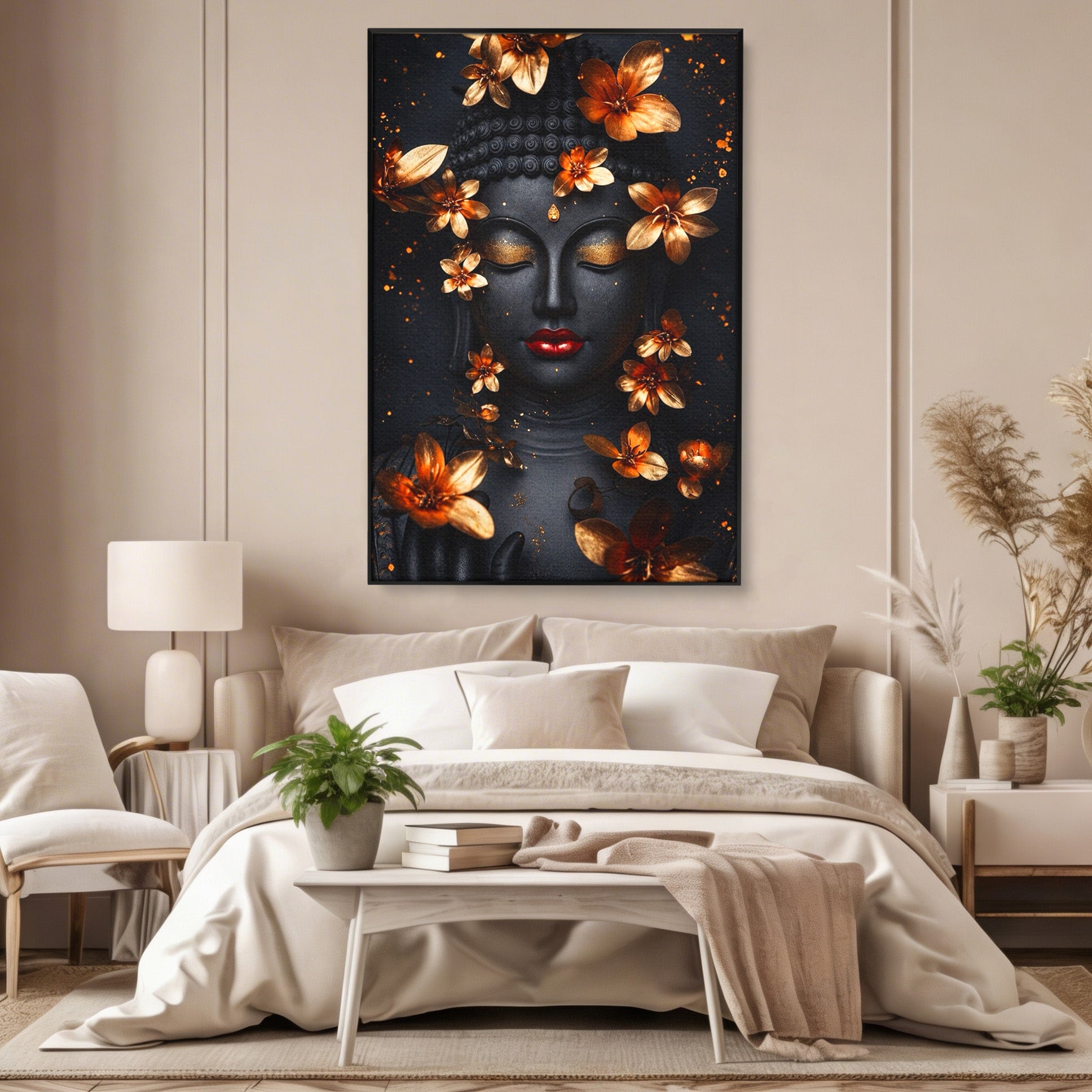 Tablou Canvas Premium LuxCanva® I144, Flori de Aur, Buddha, Flori, Meditatie, Spiritualitate, Dormitor, Culori Vibrante
