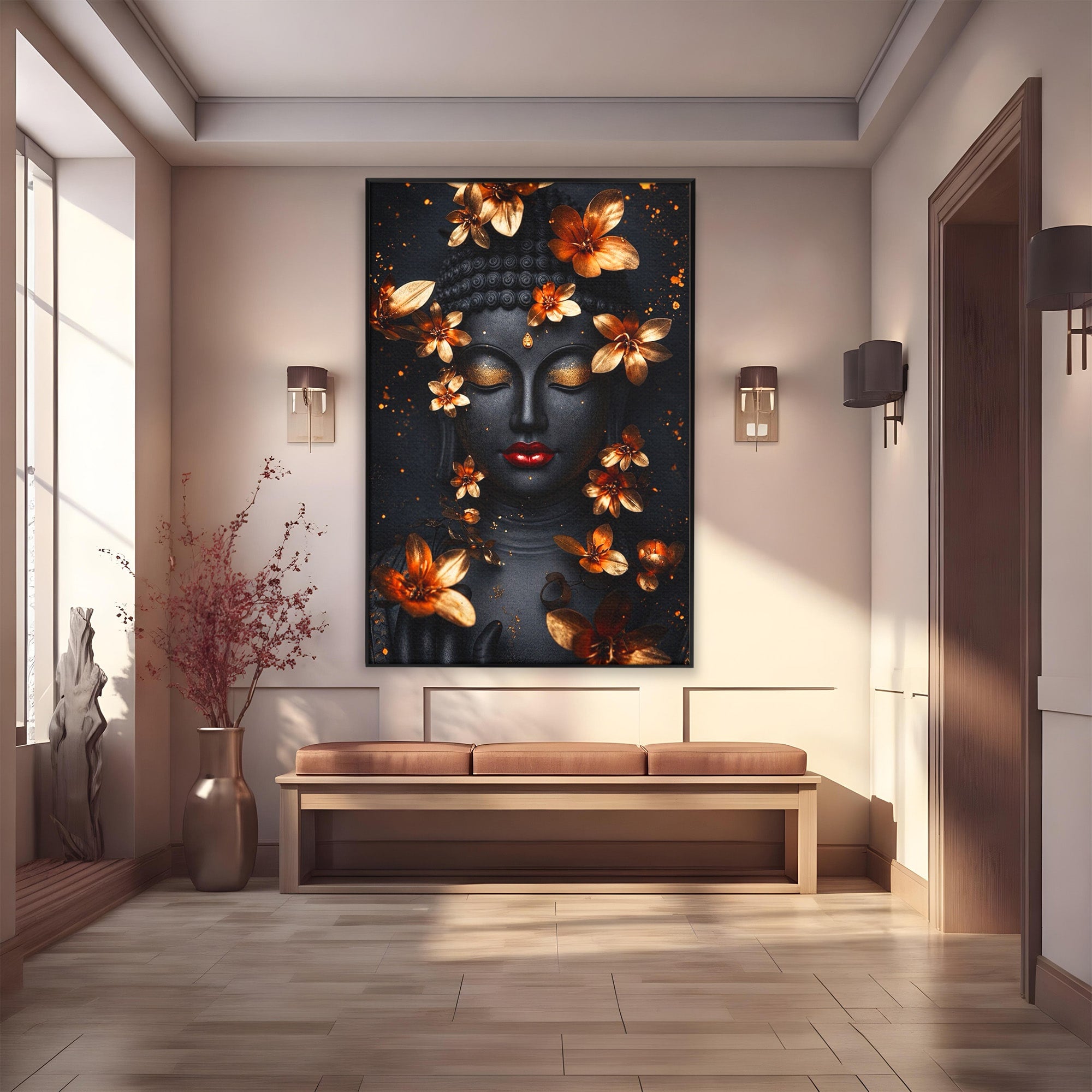 Tablou Canvas Premium LuxCanva® I144, Flori de Aur, Buddha, Flori, Meditatie, Spiritualitate, Dormitor, Culori Vibrante