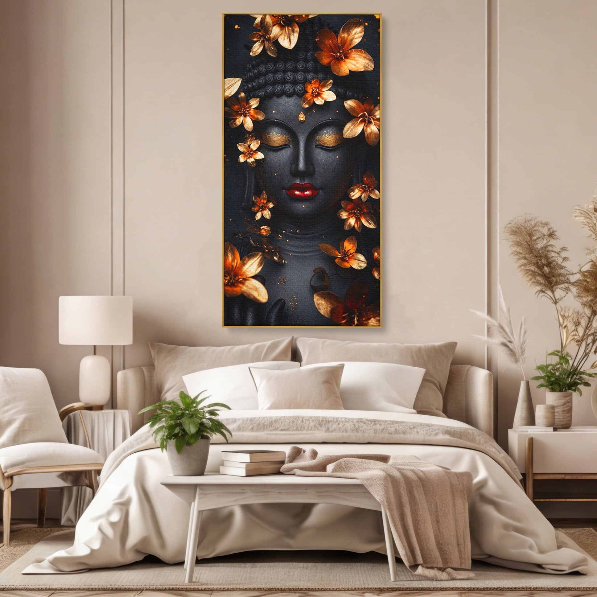 Tablou Canvas Premium LuxCanva® I144, Flori de Aur, Buddha, Flori, Meditatie, Spiritualitate, Dormitor, Culori Vibrante