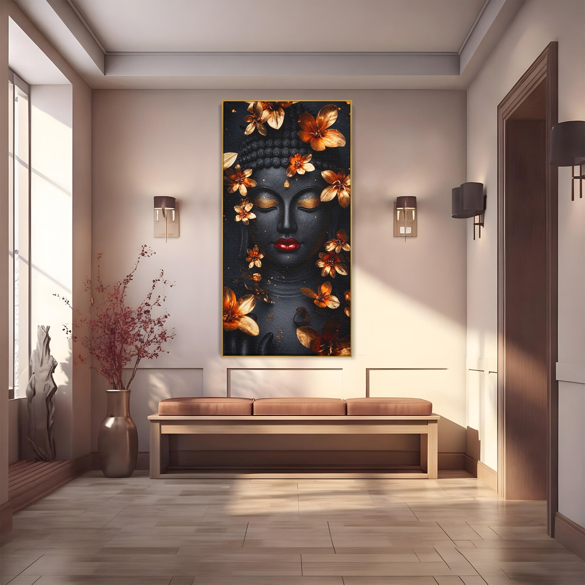Tablou Canvas Premium LuxCanva® I144, Flori de Aur, Buddha, Flori, Meditatie, Spiritualitate, Dormitor, Culori Vibrante