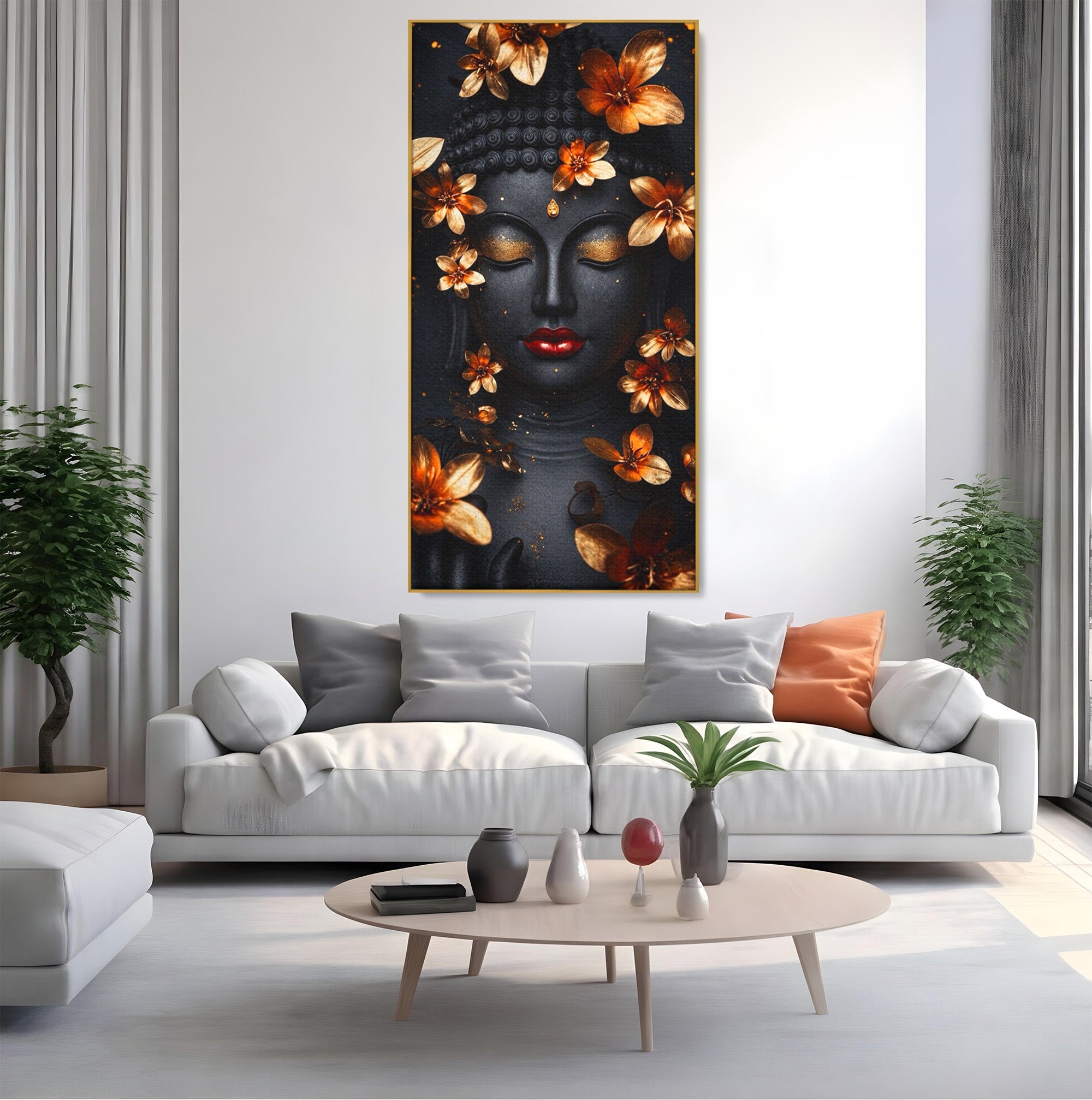 Tablou Canvas Premium LuxCanva® I144, Flori de Aur, Buddha, Flori, Meditatie, Spiritualitate, Dormitor, Culori Vibrante