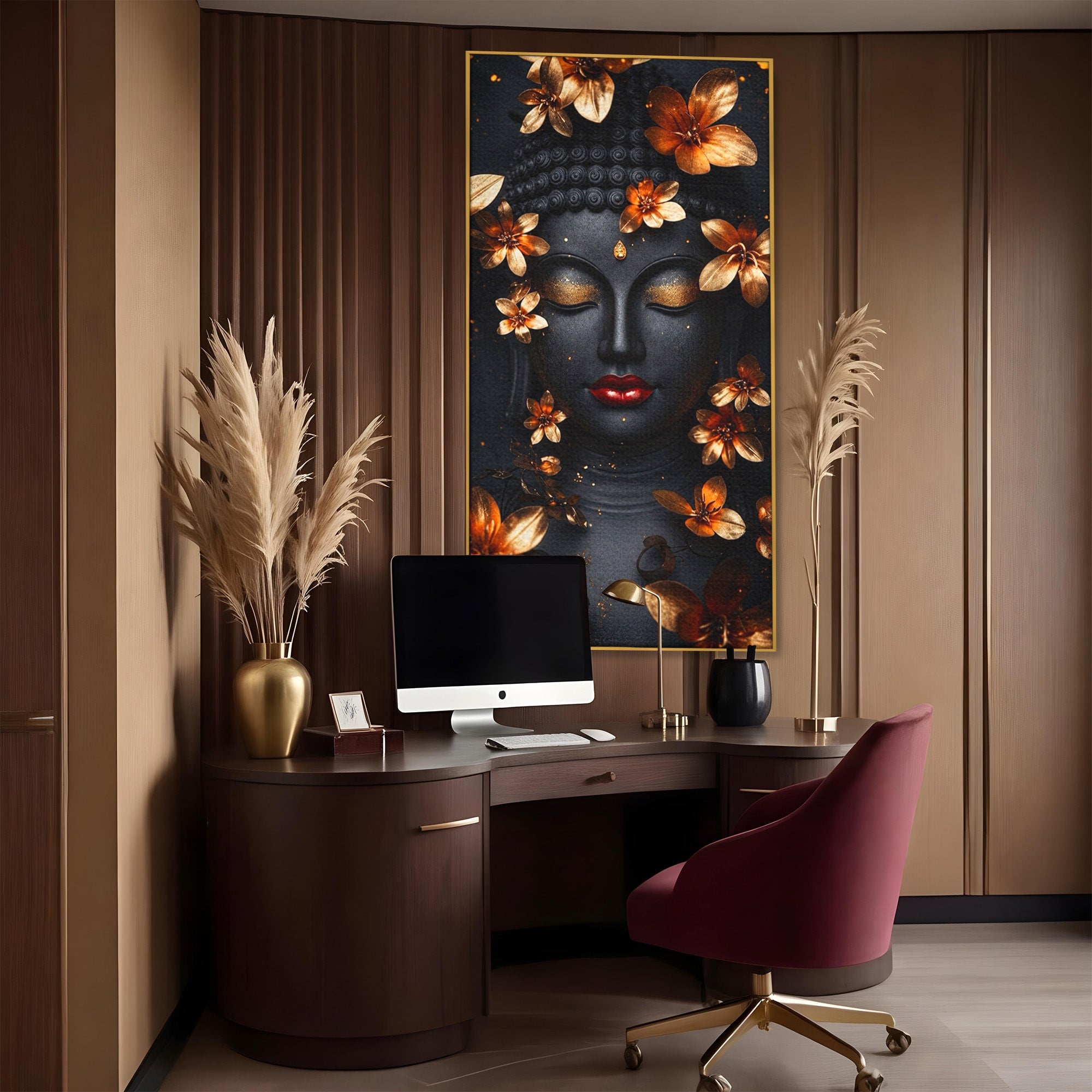 Tablou Canvas Premium LuxCanva® I144, Flori de Aur, Buddha, Flori, Meditatie, Spiritualitate, Dormitor, Culori Vibrante