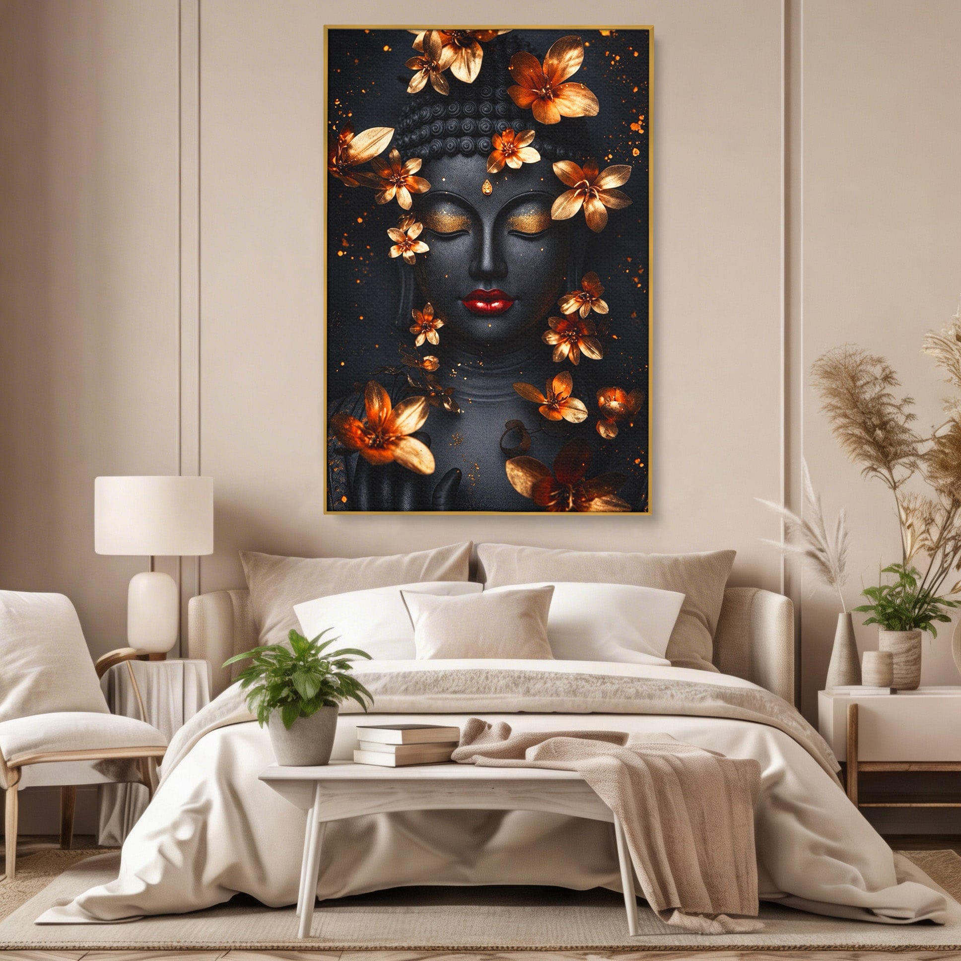 Tablou Canvas Premium LuxCanva® I144, Flori de Aur, Buddha, Flori, Meditatie, Spiritualitate, Dormitor, Culori Vibrante