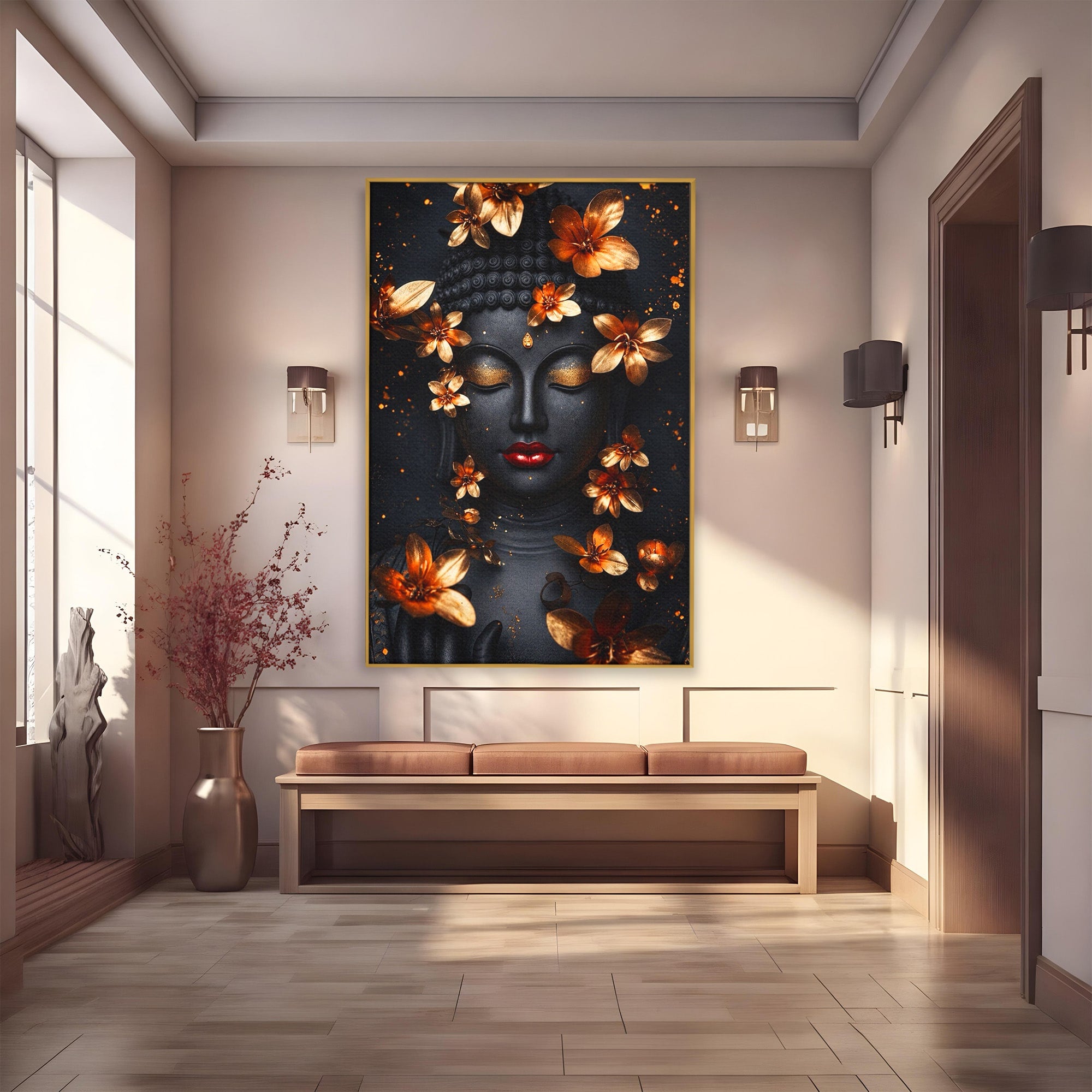 Tablou Canvas Premium LuxCanva® I144, Flori de Aur, Buddha, Flori, Meditatie, Spiritualitate, Dormitor, Culori Vibrante