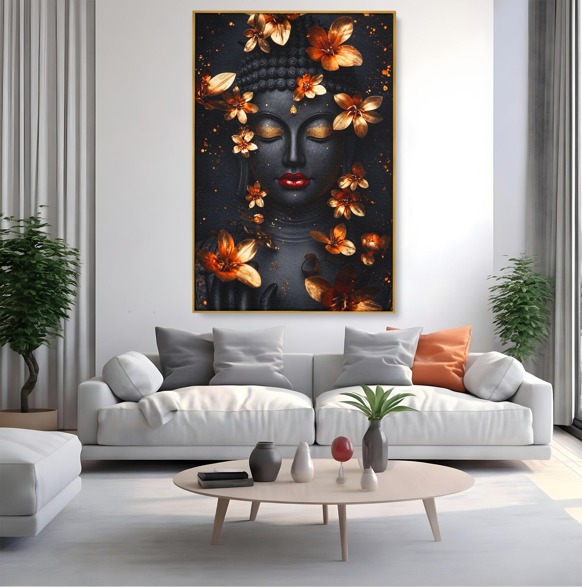 Tablou Canvas Premium LuxCanva® I144, Flori de Aur, Buddha, Flori, Meditatie, Spiritualitate, Dormitor, Culori Vibrante