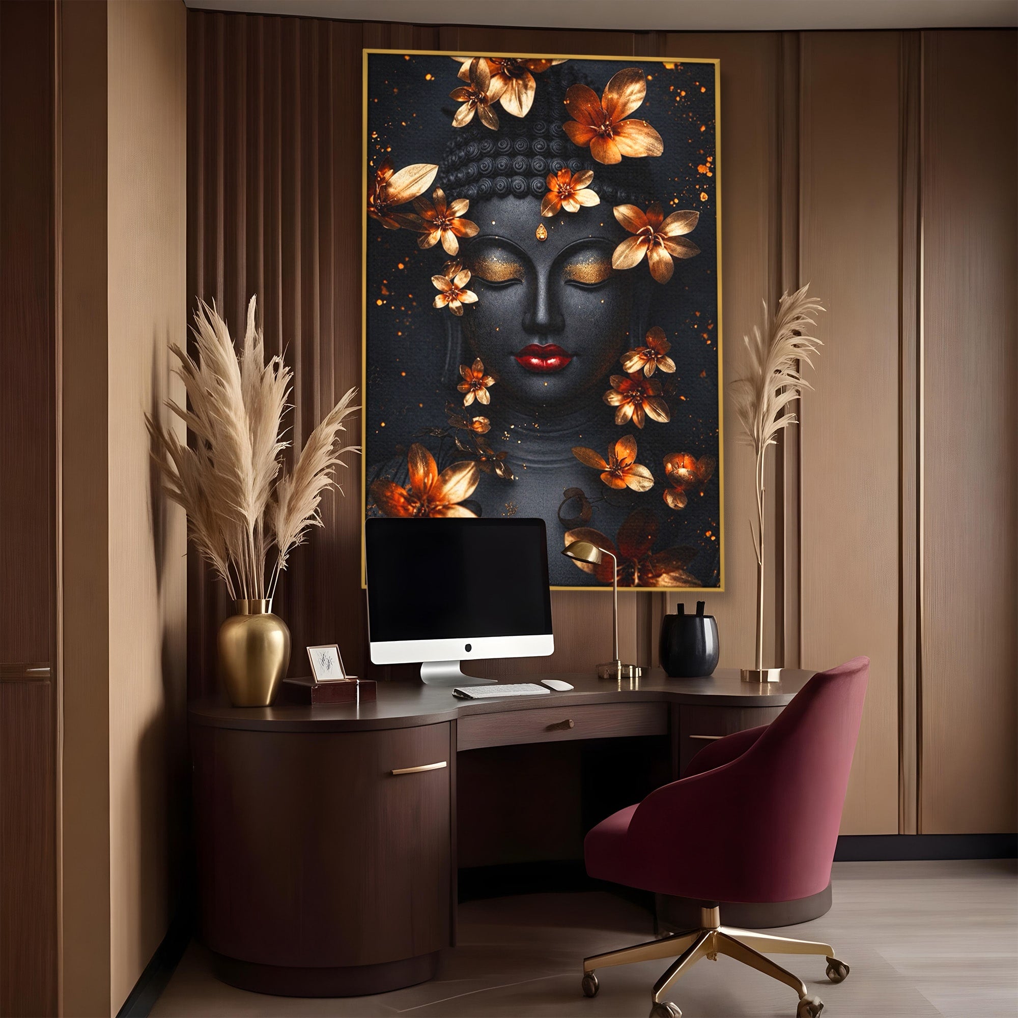 Tablou Canvas Premium LuxCanva® I144, Flori de Aur, Buddha, Flori, Meditatie, Spiritualitate, Dormitor, Culori Vibrante