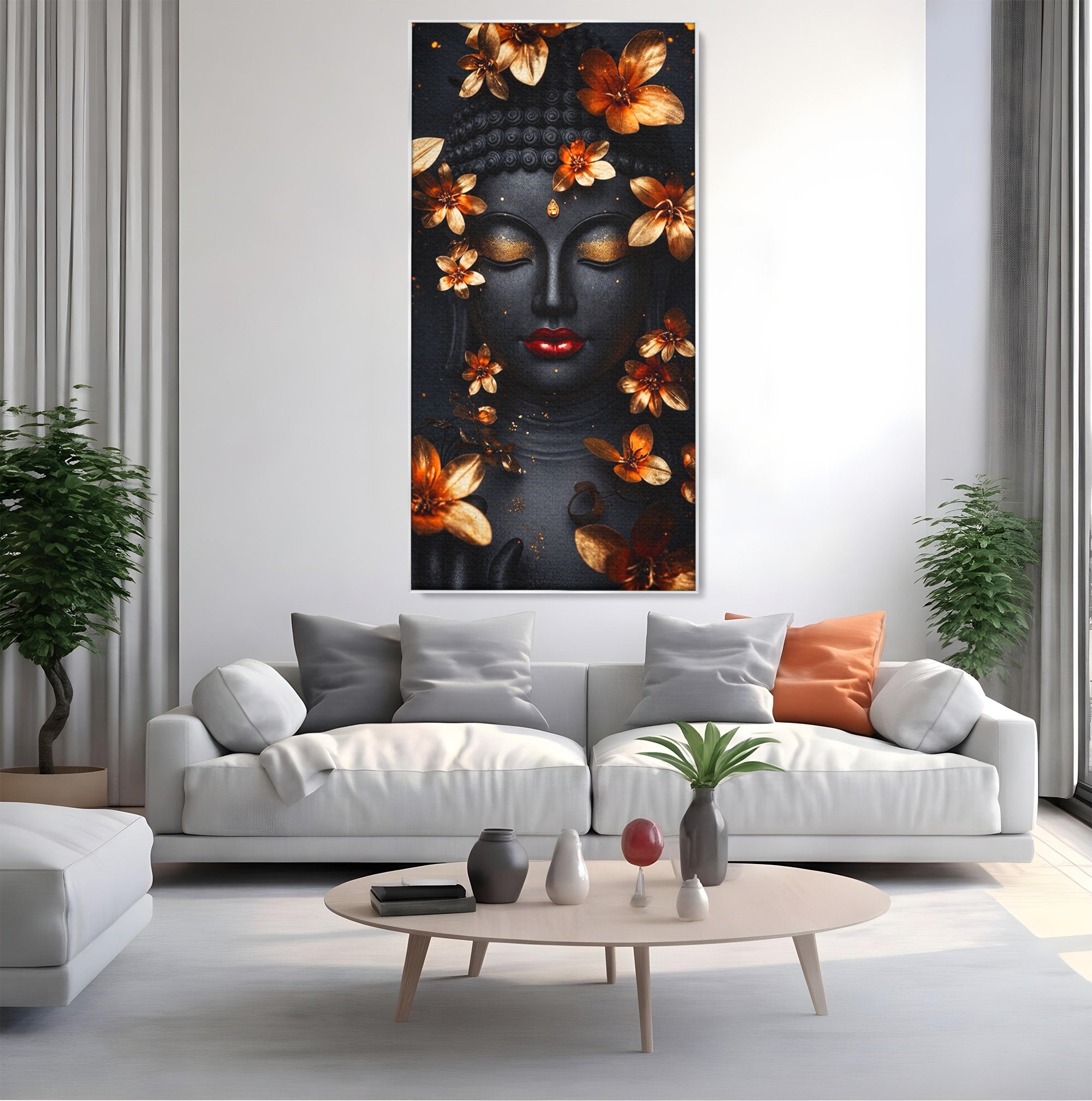 Tablou Canvas Premium LuxCanva® I144, Flori de Aur, Buddha, Flori, Meditatie, Spiritualitate, Dormitor, Culori Vibrante