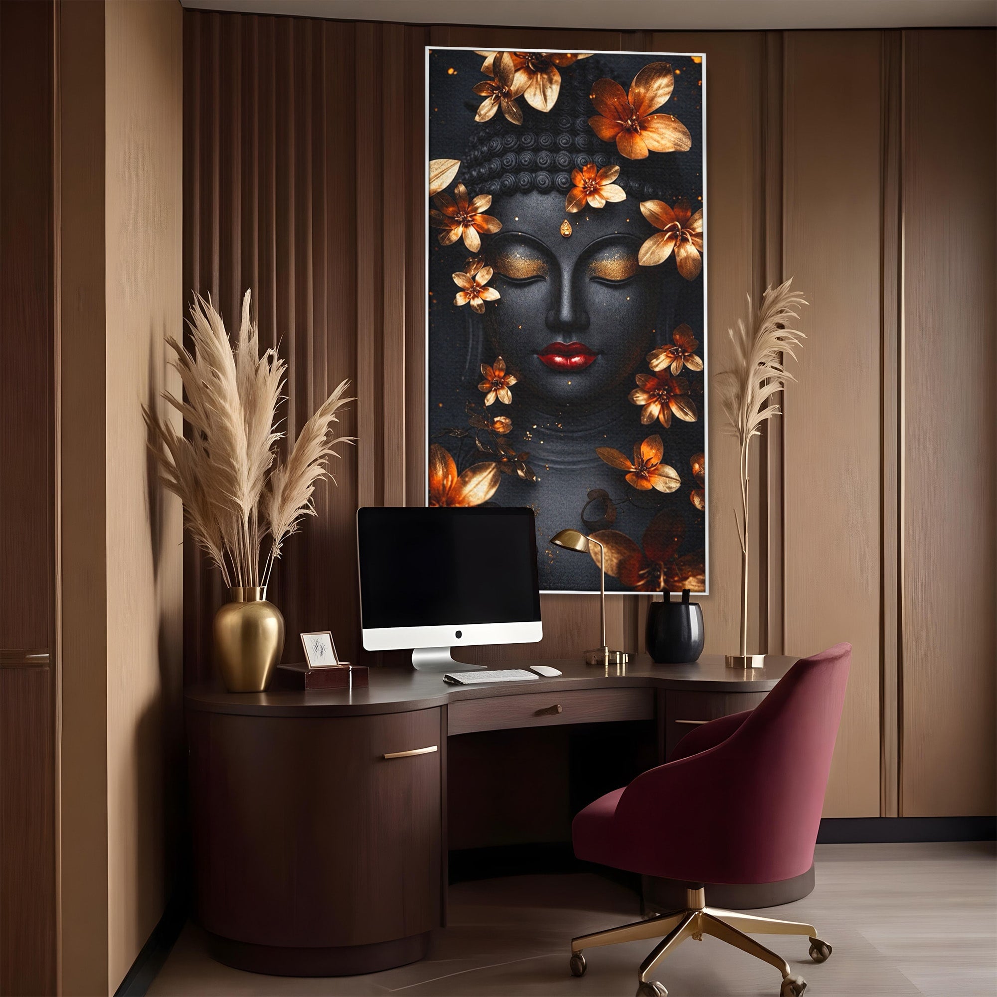 Tablou Canvas Premium LuxCanva® I144, Flori de Aur, Buddha, Flori, Meditatie, Spiritualitate, Dormitor, Culori Vibrante