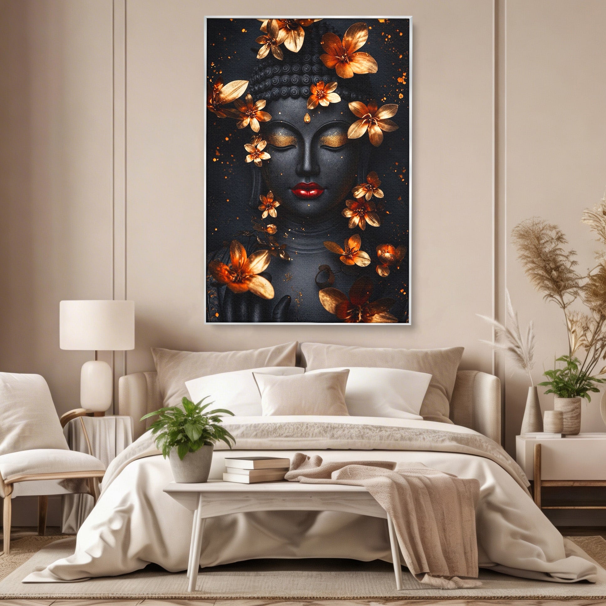 Tablou Canvas Premium LuxCanva® I144, Flori de Aur, Buddha, Flori, Meditatie, Spiritualitate, Dormitor, Culori Vibrante
