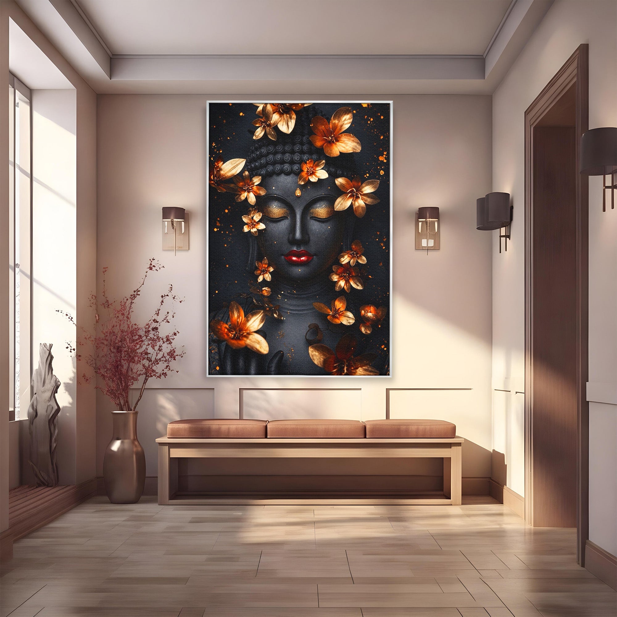 Tablou Canvas Premium LuxCanva® I144, Flori de Aur, Buddha, Flori, Meditatie, Spiritualitate, Dormitor, Culori Vibrante