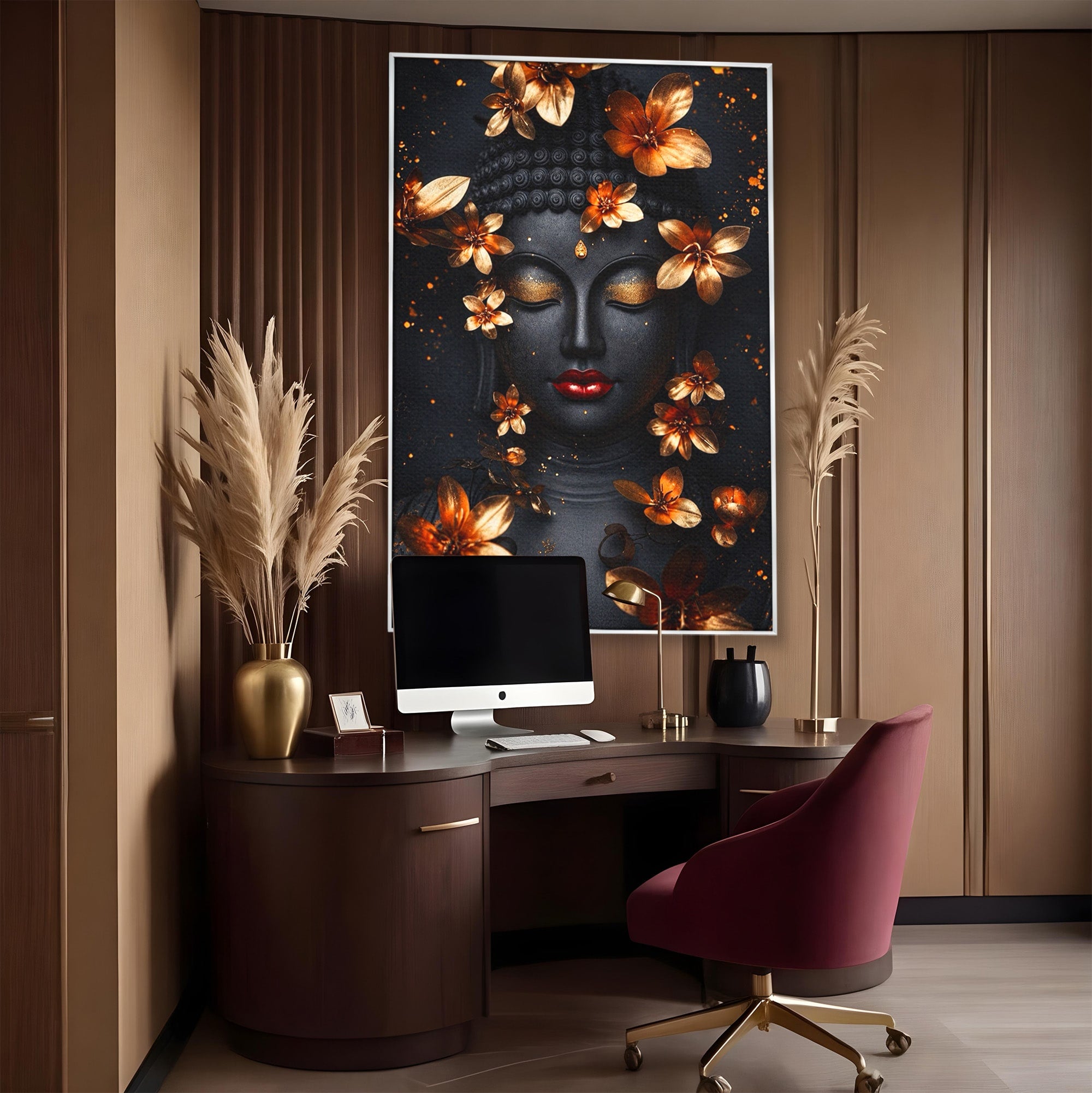 Tablou Canvas Premium LuxCanva® I144, Flori de Aur, Buddha, Flori, Meditatie, Spiritualitate, Dormitor, Culori Vibrante