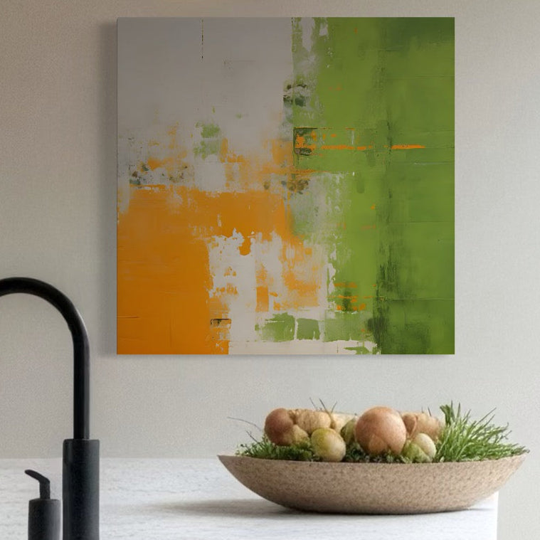 Tablou Canvas Premium LuxCanva® C1201, Abstract Orange And Green Paint , Culori, Decorativ, Living Room, Culori Vibrante