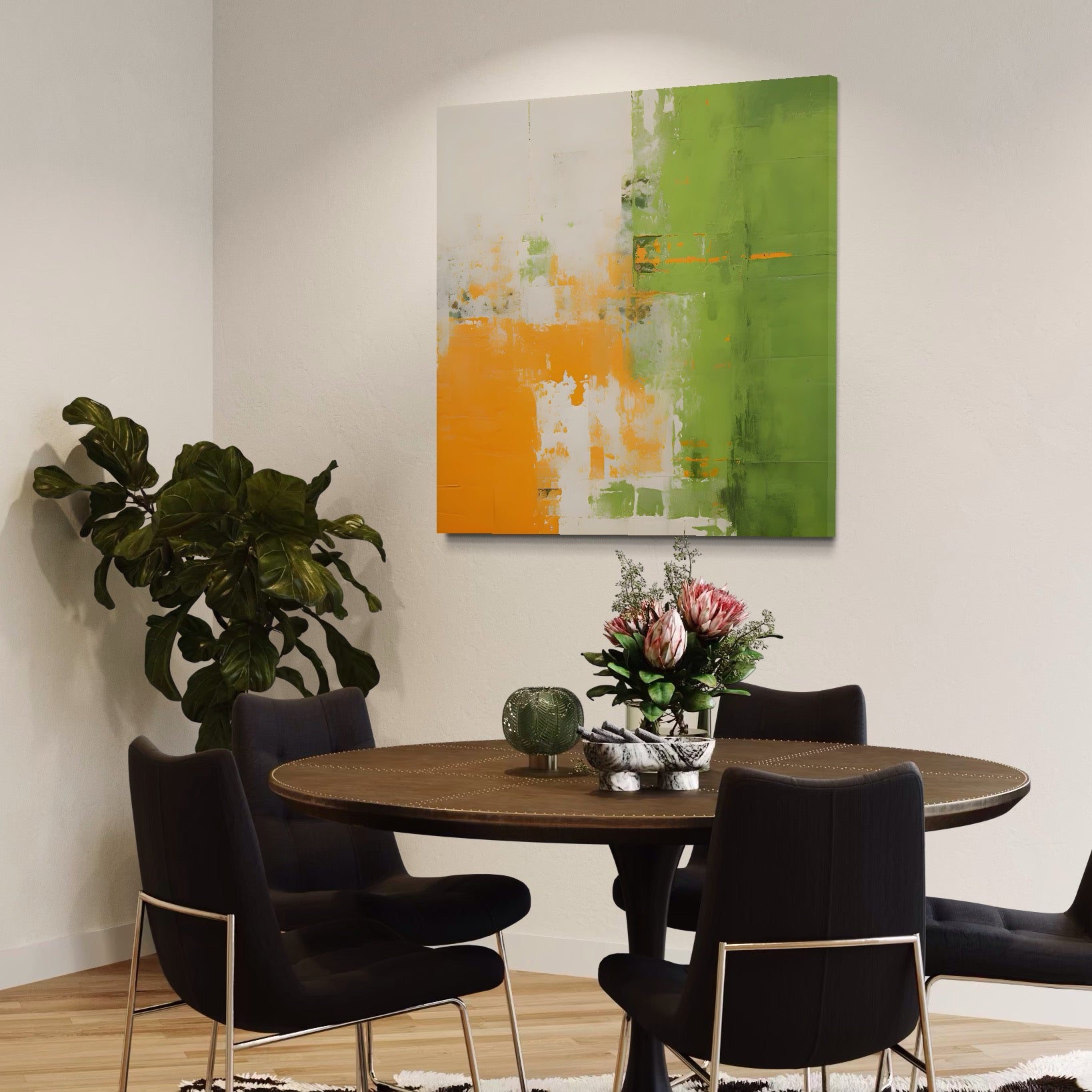 Tablou Canvas Premium LuxCanva® C1201, Abstract Orange And Green Paint , Culori, Decorativ, Living Room, Culori Vibrante