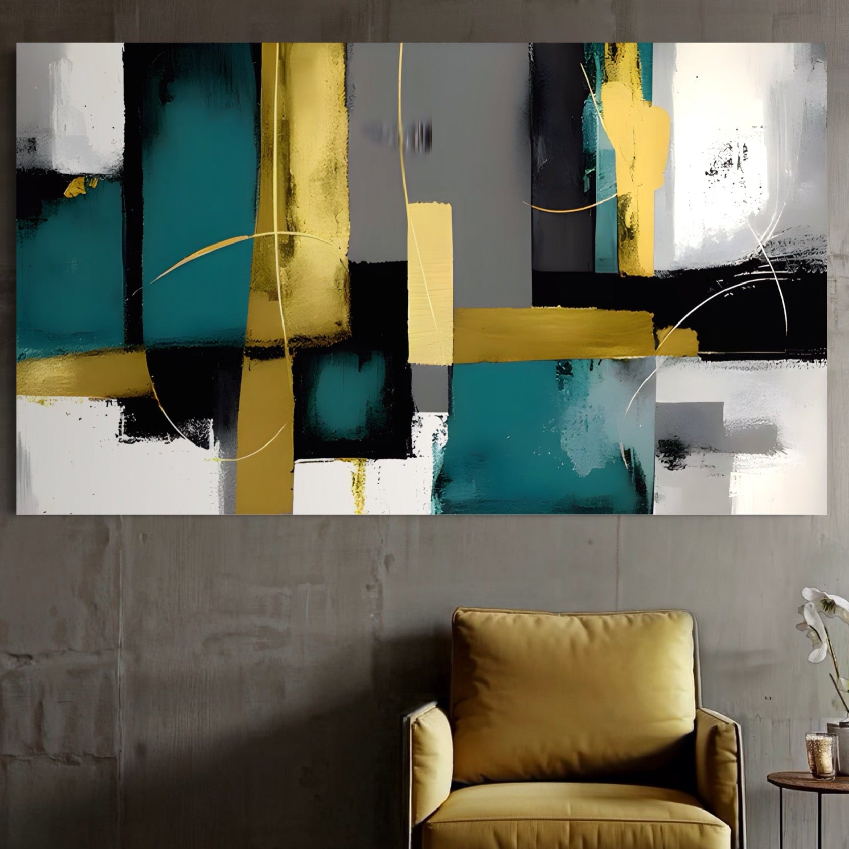 Tablou Canvas Premium LuxCanva® C1218, Abstract Painting Grey, Green And Gold , elaxare, Living Room, Culori Vibrante