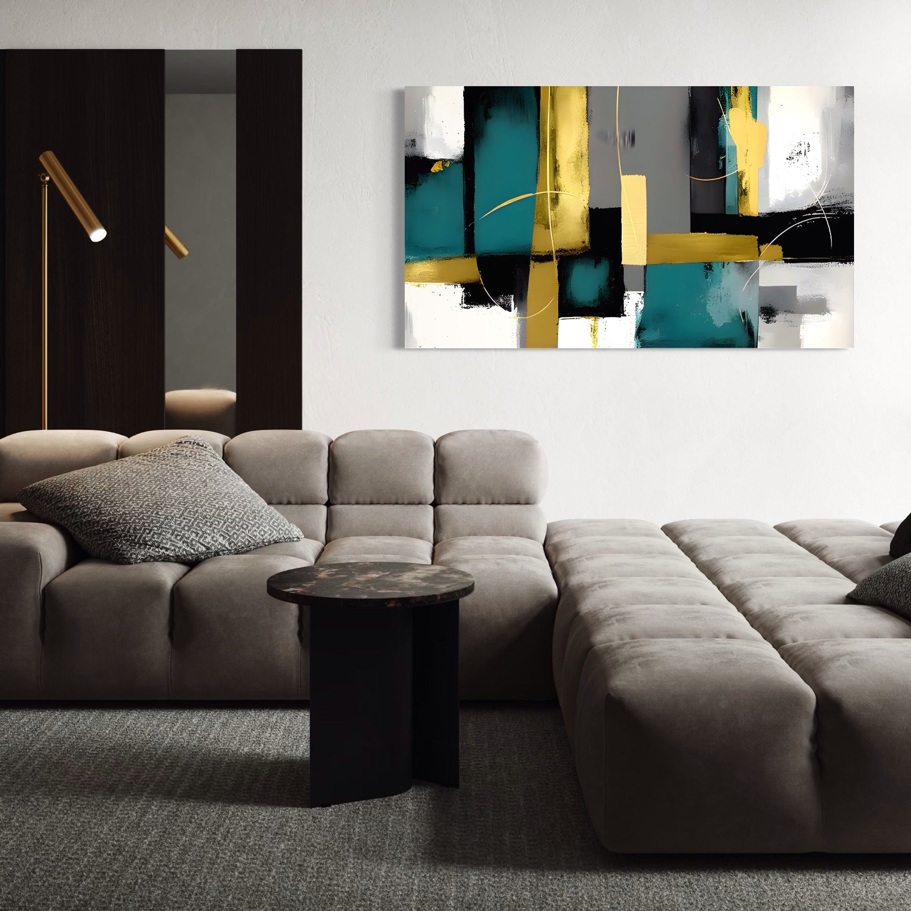 Tablou Canvas Premium LuxCanva® C1218, Abstract Painting Grey, Green And Gold , elaxare, Living Room, Culori Vibrante