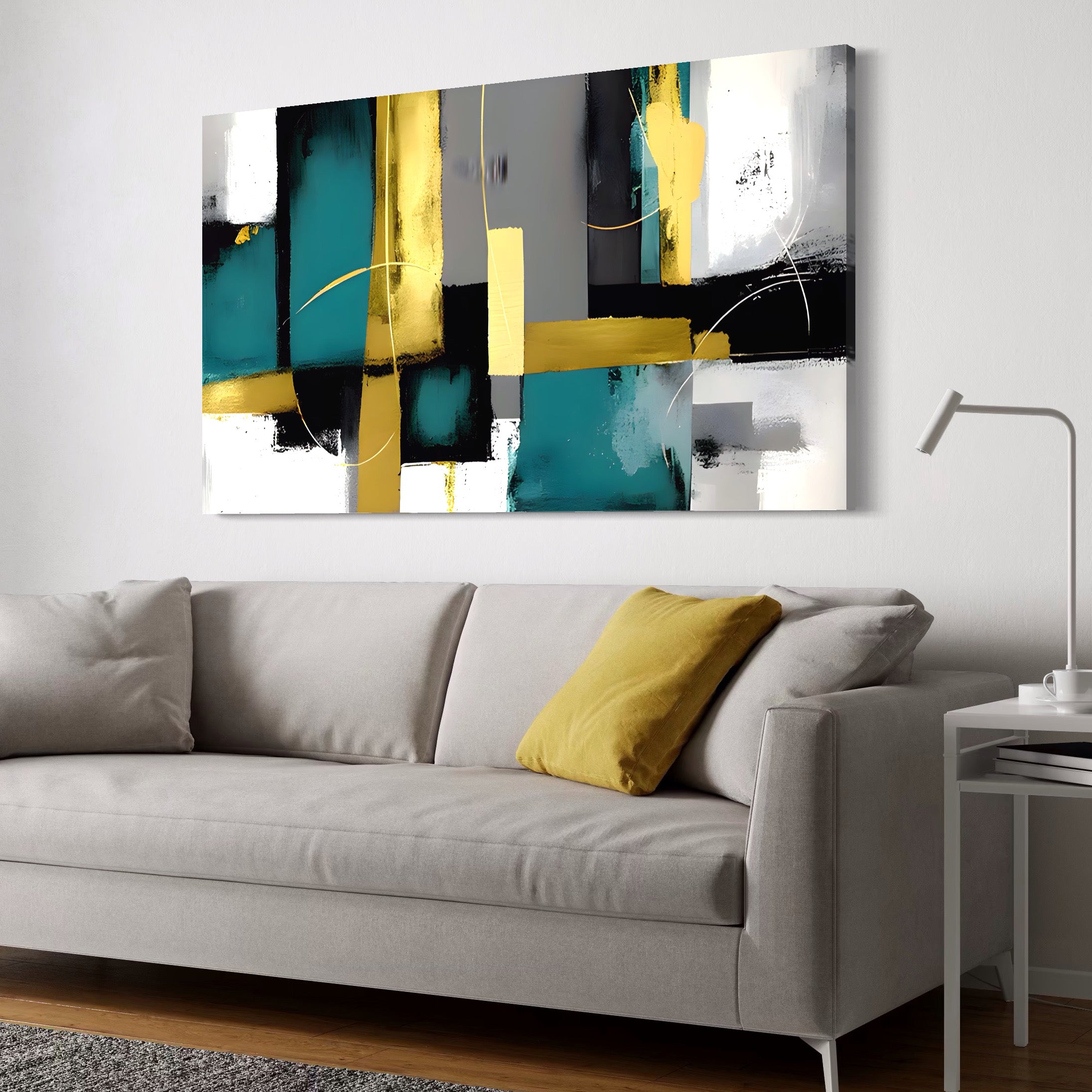 Tablou Canvas Premium LuxCanva® C1218, Abstract Painting Grey, Green And Gold , elaxare, Living Room, Culori Vibrante