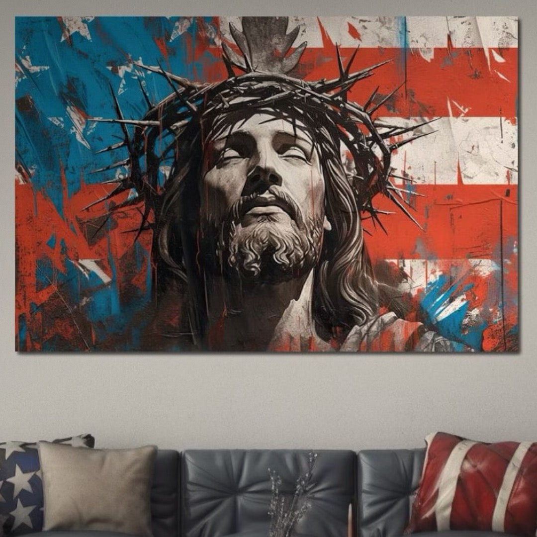 Tablou Canvas Premium LuxCanva® H1046, Sacrificiu si Natiune, Patriotism, Drapel, Libertate, Coroana de Spini, Sacrificiu, Mantuire, Arta Religioasa, Living, Dormitor