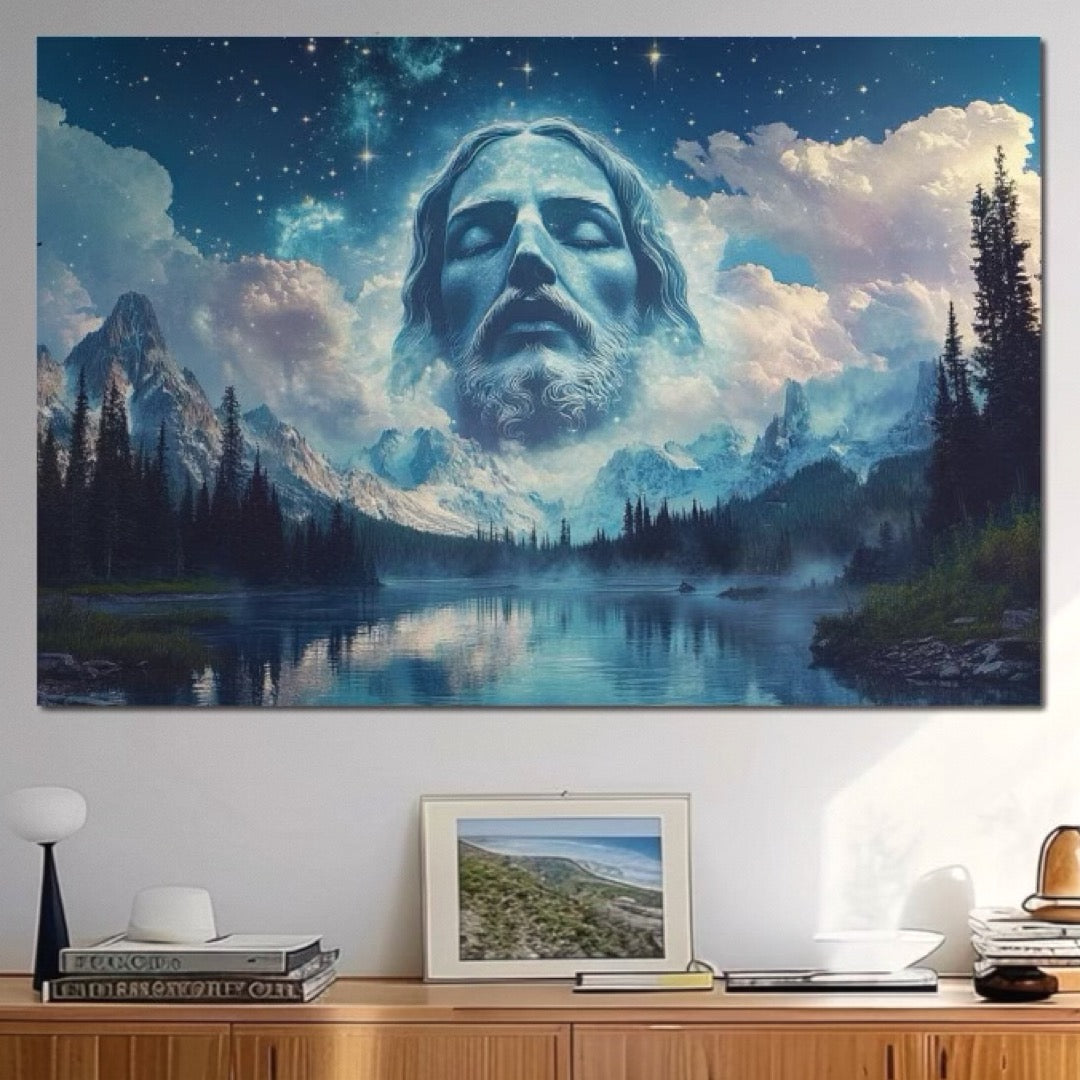 Tablou Canvas Premium LuxCanva® H1048, Intre Cer si Pamant, Iisus, Nori, Munti, Apa, Sacrificiu, Mantuire, Credinta, Har, Spiritualitate, Arta Religioasa, Living, Dormitor