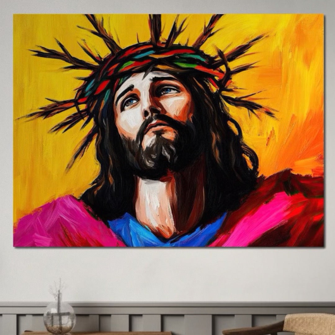 Tablou Canvas Premium LuxCanva® H1053, Sacrificiu Divin, Iisus, Contemplare, Pace Interioara, Coroana de Spini, Cer, Chip, Arta Religioasa Moderna, Living, Dormitor