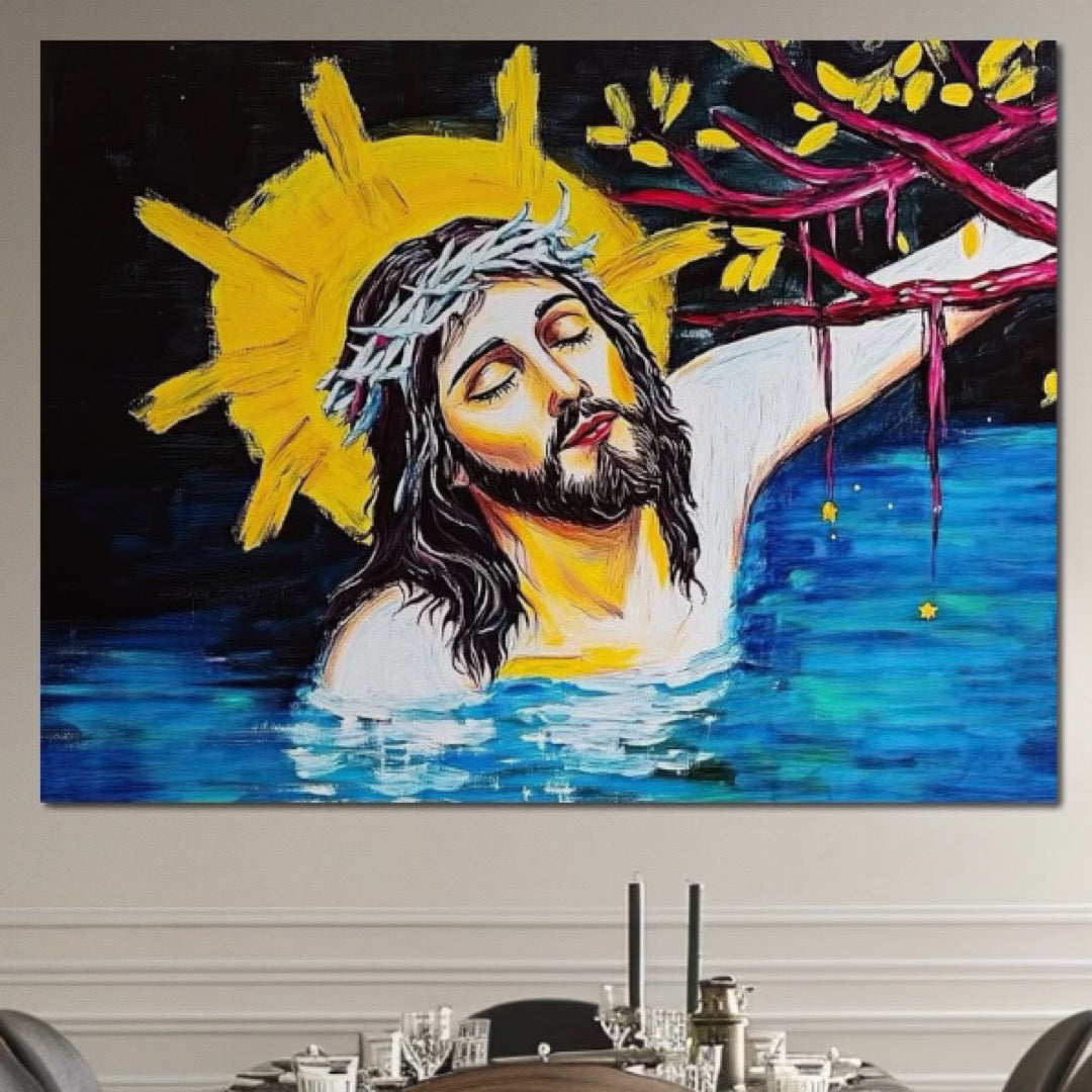 Tablou Canvas Premium LuxCanva® H1054, Jertfa si Lumina, Iisus, Sacrificiu, Iertare, Lumina, Sange, Apa, Ramuri, Coroana, Arta Religioasa Moderna, Living, Dormitor