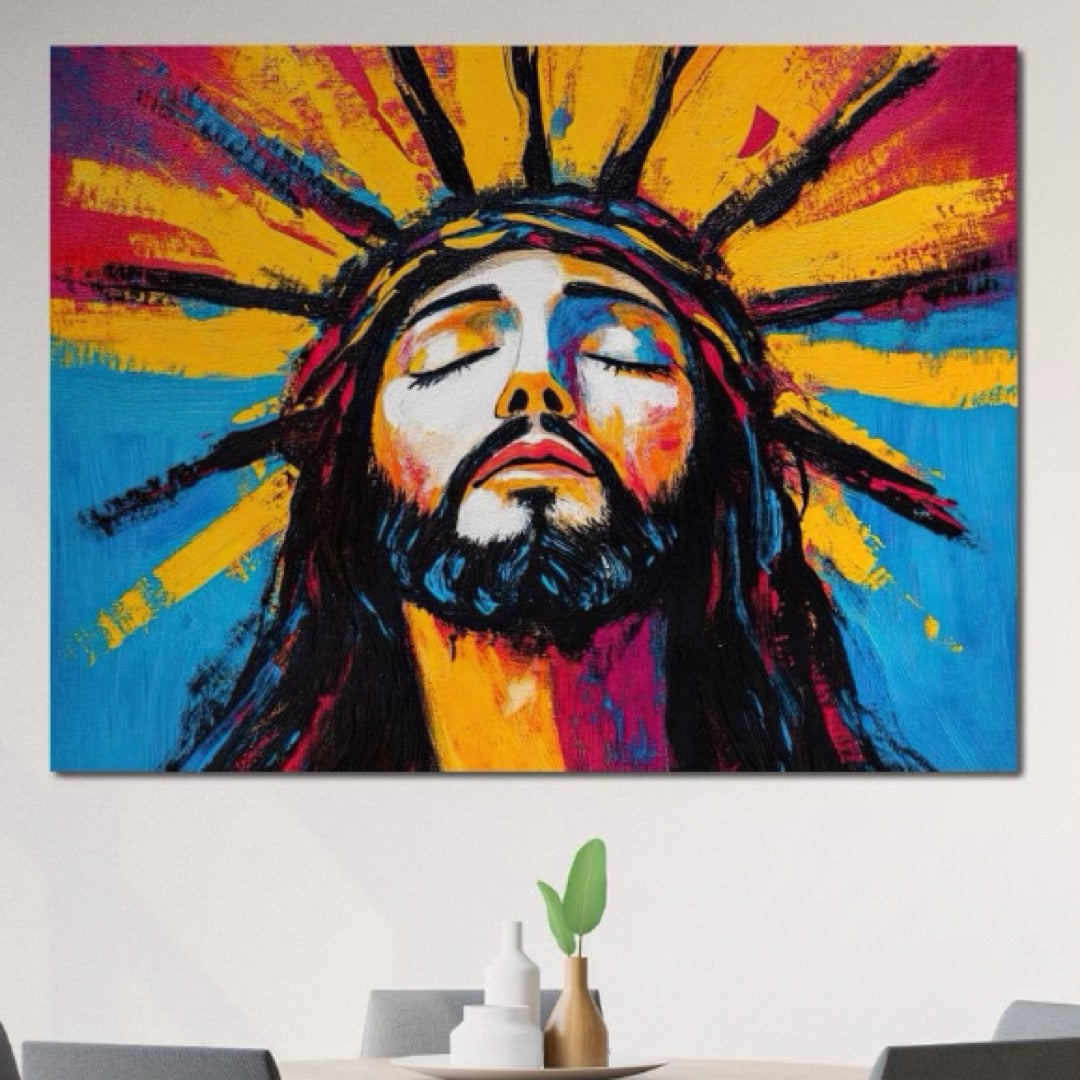 Tablou Canvas Premium LuxCanva® H1062, Sacrificiu Etern, Iisus, Contemplare, Pace Interioara, Coroana de Spini, Cer, Chip, Arta Religioasa Moderna, Living, Dormitor