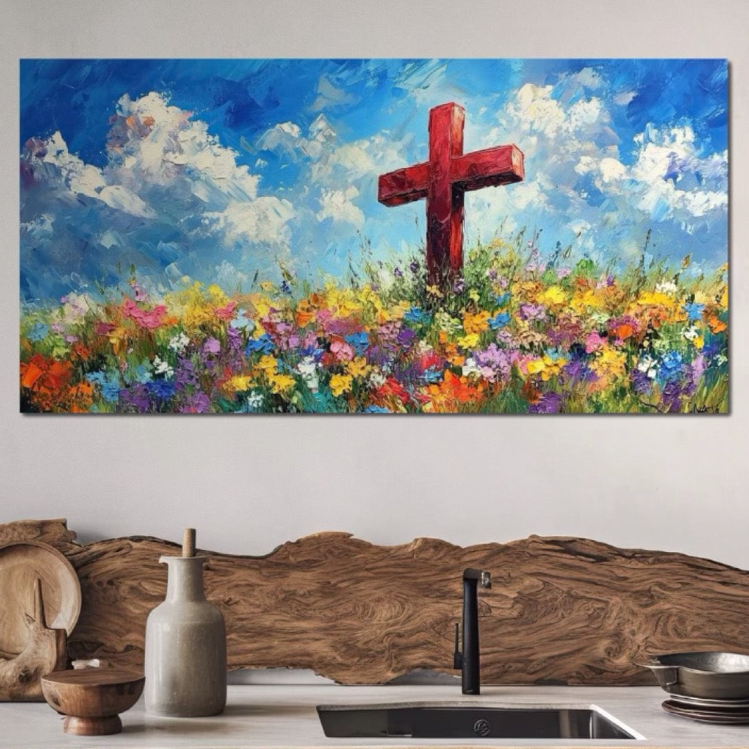 Tablou Canvas Premium LuxCanva® H1059, Gradina Raiului, Credinta, Cruce, Flori, Gradina, Lumina, Rasarit, Speranta, Puritate, Spiritualitate, Simbol Sacru, Living, Dormitor