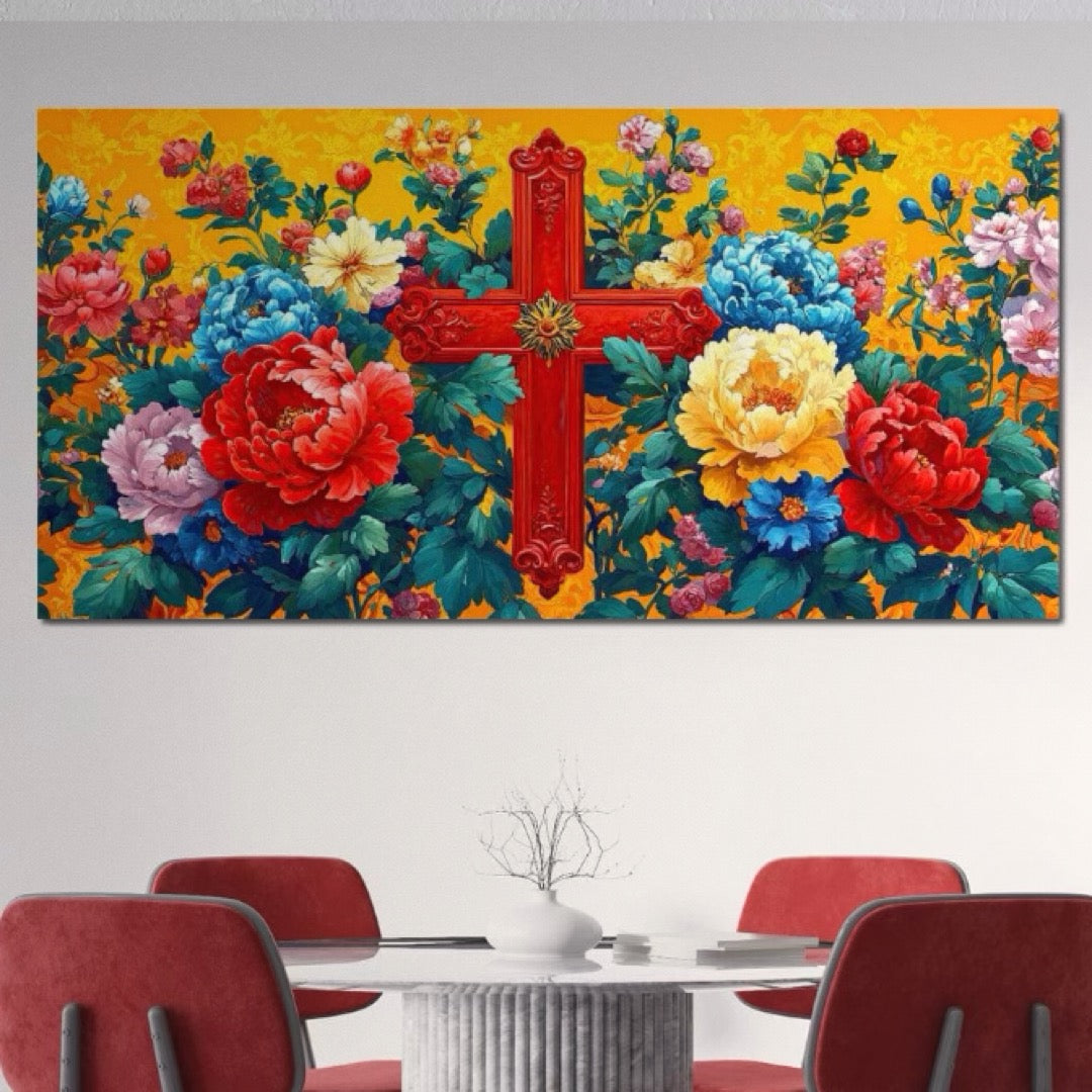 Tablou Canvas Premium LuxCanva® H1058, Credinta Vie, Credinta, Cruce, Flori, Gradina, Lumina, Rasarit, Speranta, Puritate, Spiritualitate, Simbol Sacru, Living, Dormitor