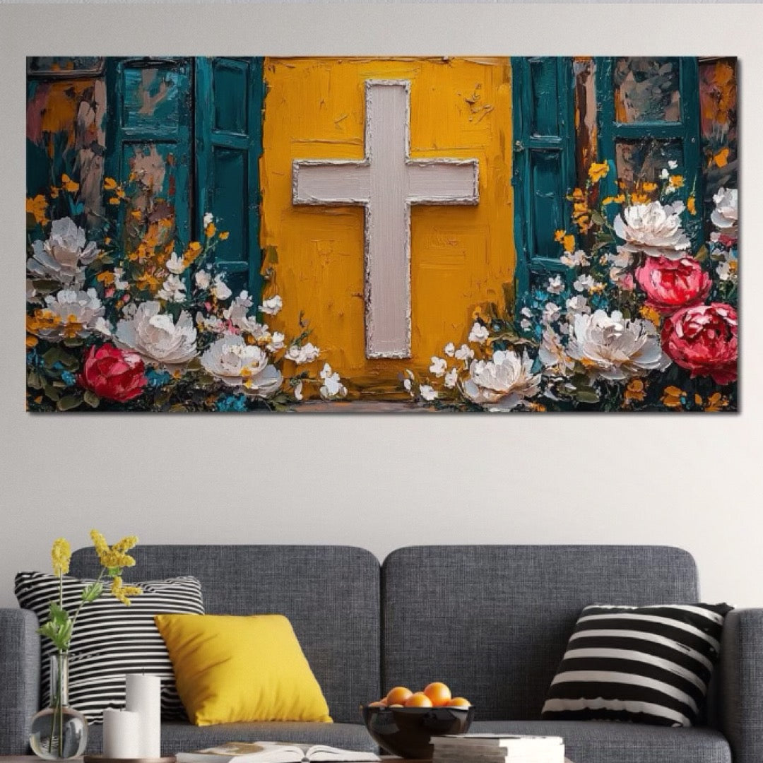 Tablou Canvas Premium LuxCanva® H1057, Evlavie Florala, Credinta, Cruce, Flori, Gradina, Lumina, Rasarit, Speranta, Puritate, Spiritualitate, Simbol Sacru, Living, Dormitor