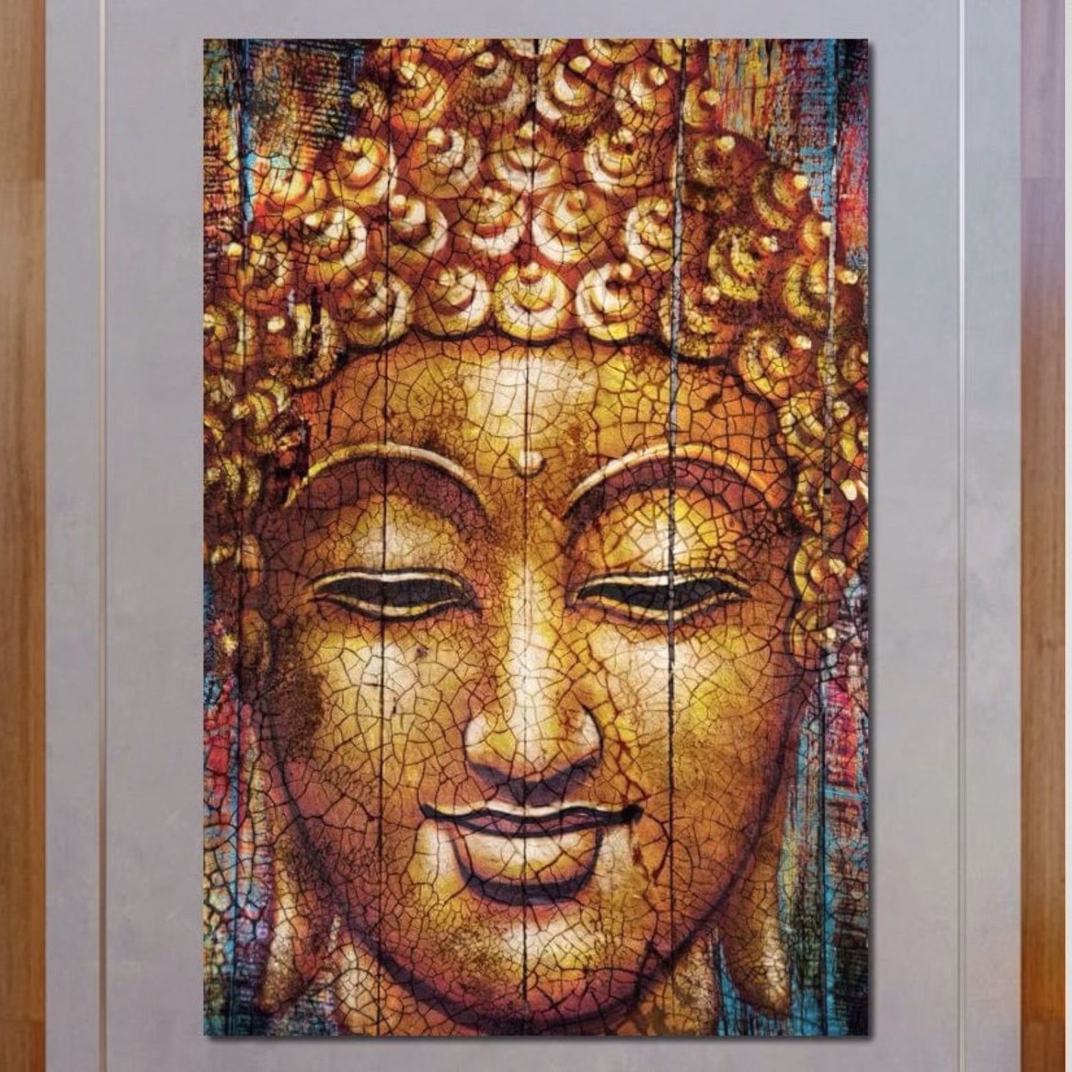 Tablou Canvas Premium LuxCanva® I107, Zambetul Tacerii, Buddha, Zambet, Liniste, Aur, Spiritualitate, Armonie, Energie Interioara, Meditatie, Seninatate, Living, Dormitor