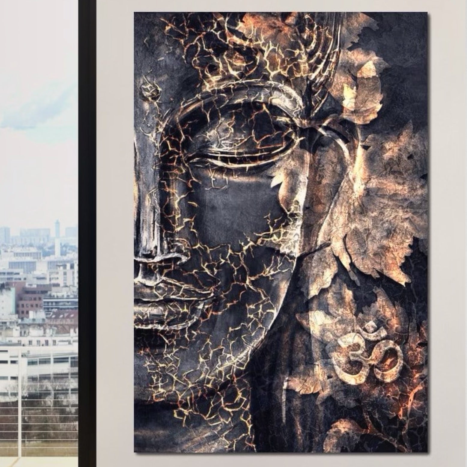 Tablou Canvas Premium LuxCanva® I118, Sub Pielea Timpului, Buddha, Vibratia OM, Constiinta, Spiritualitate, Crapaturi, Frunze, Foc Sacru, Contemplare