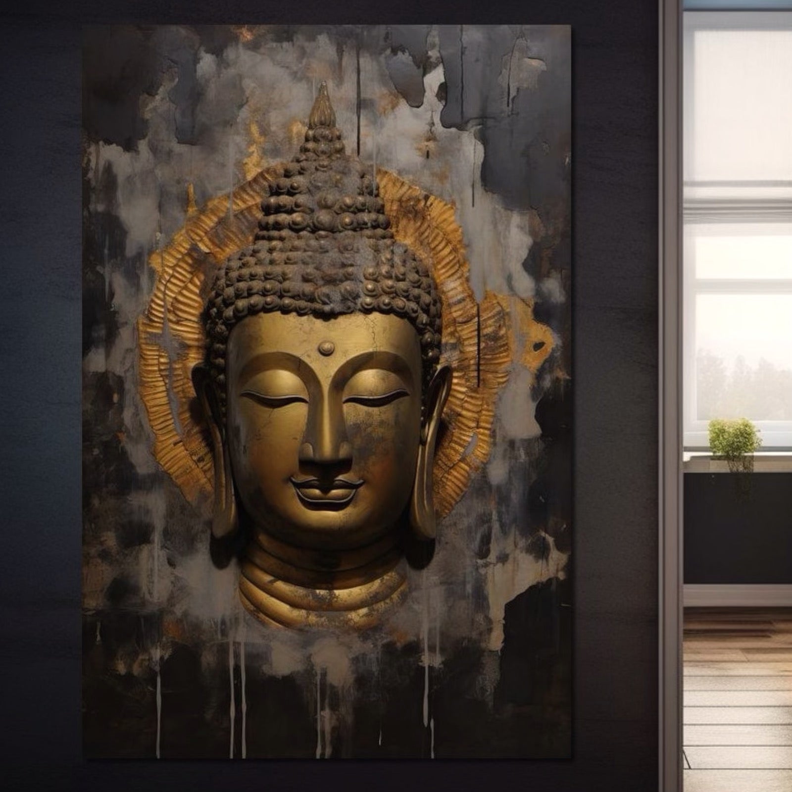 Tablou Canvas Premium LuxCanva® I124, Aura Linistii, Buddha, Zen, Iluminare, Pace Interioara, Spiritualitate, Armonie, Meditatie, Liniste, Urna, Fum, Gold, Living, Dormitor