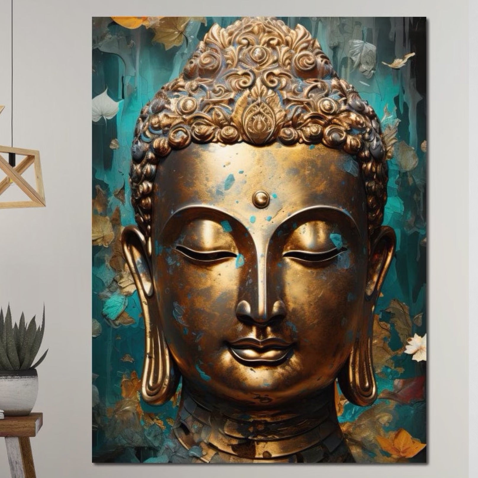 Tablou Canvas Premium LuxCanva® I127, Regal Zen, Buddha, Meditatie, Spiritualitate, Armonie, Pace Interioara, Echilibru, Eleganta, Frunze, Turcoaz, Gold, Living, Dormitor