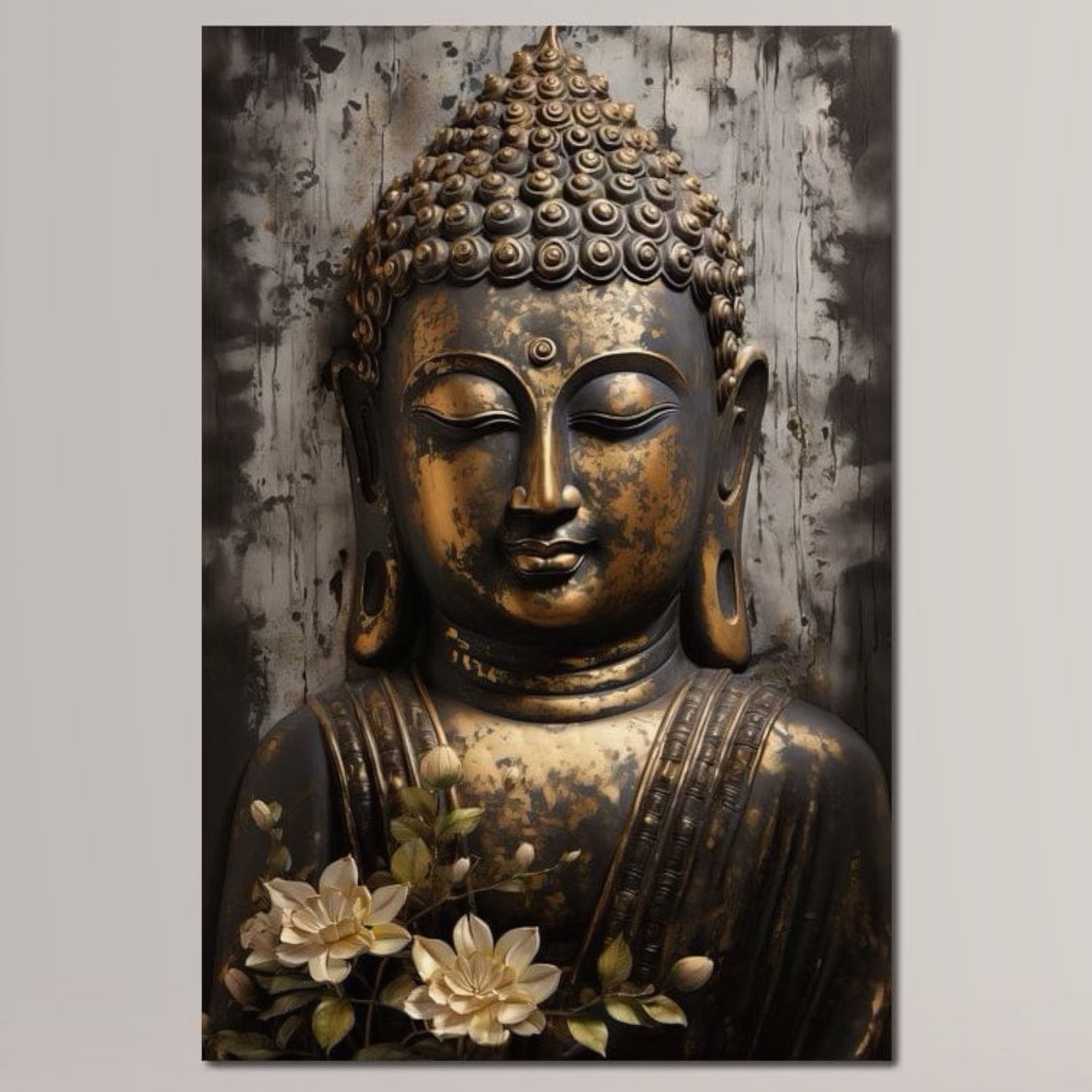 Tablou Canvas Premium LuxCanva® I128, Buddha si Floarea Sacra, Zen, Meditatie, Spiritualitate, Armonie, Pace Interioara, Echilibru, Lotus, Flori, Urna, Living, Dormitor