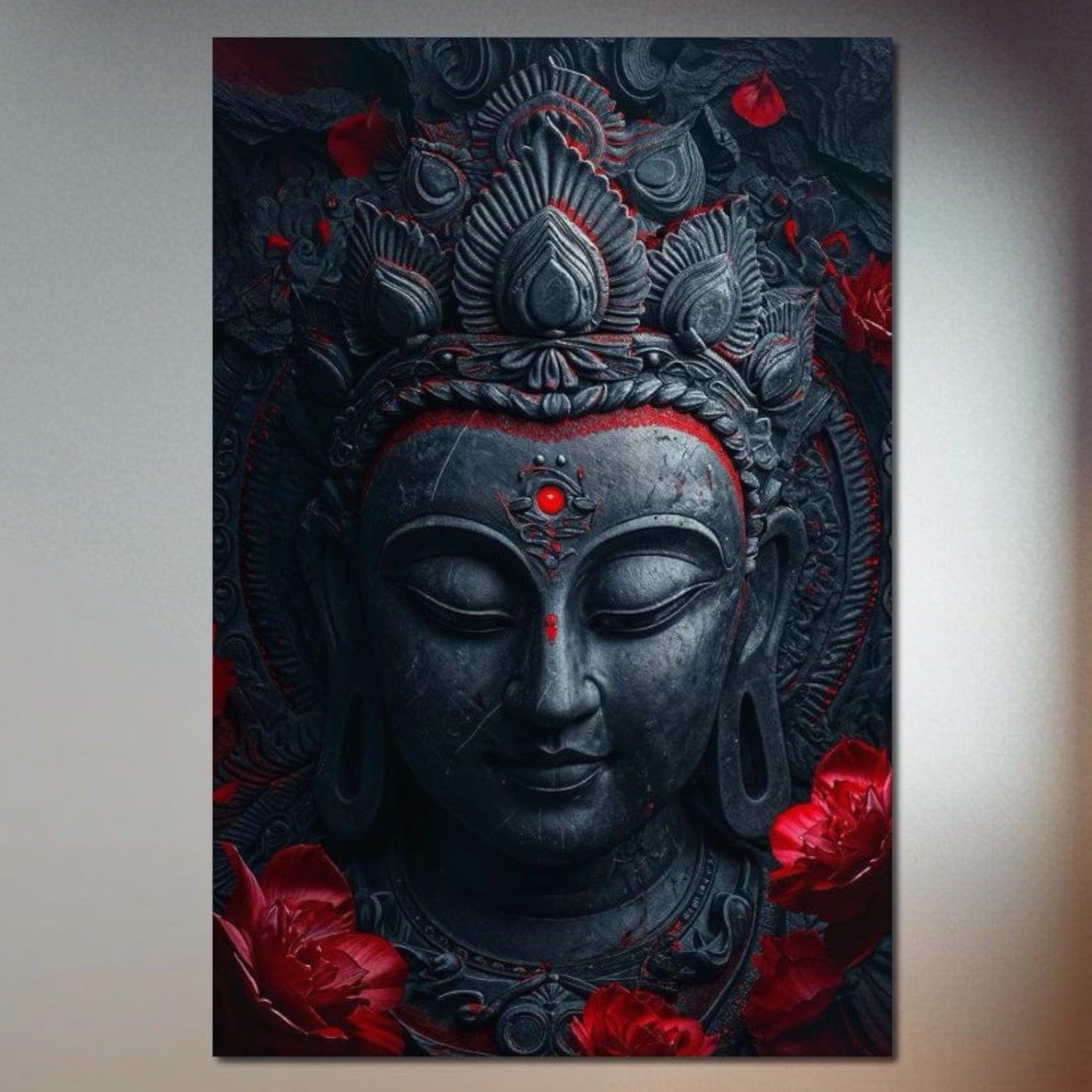 Tablou Canvas Premium LuxCanva® I132, Flori de Intelepciune, Buddha, Zen, Spiritualitate, Echilibru, Profunzime, Energie, Flori, Coroana, Noapte, Rosu, Living, Dormitor