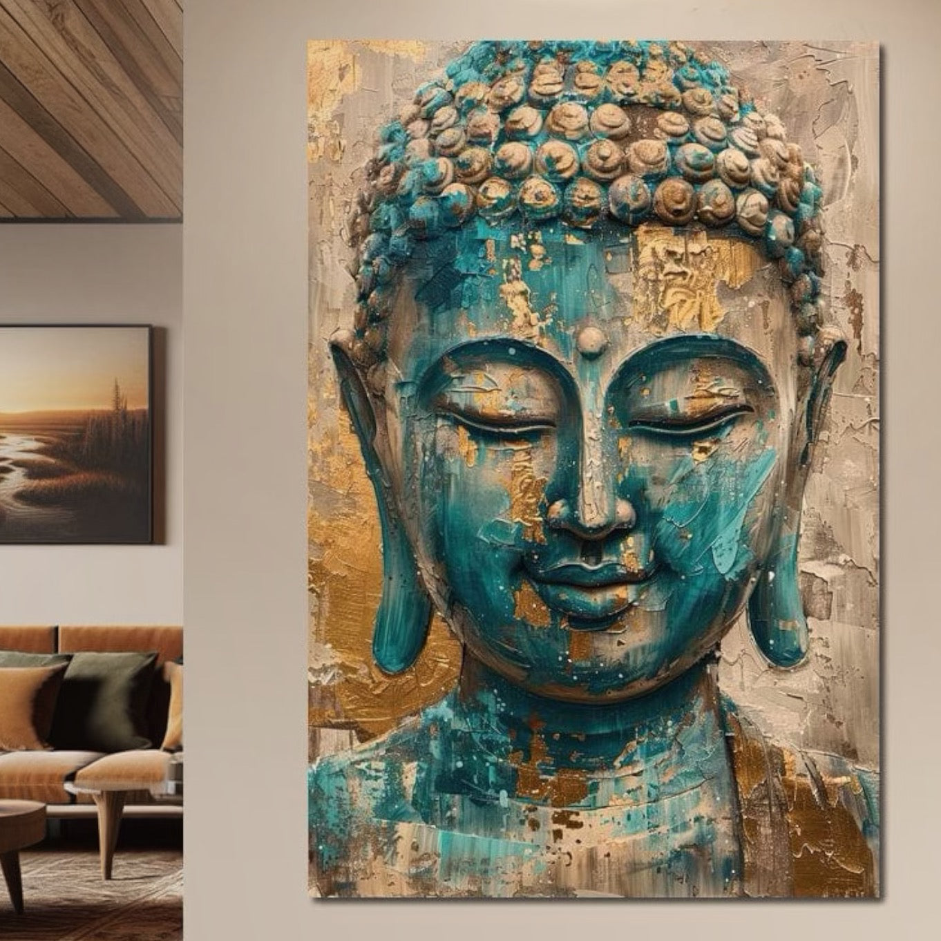 Tablou Canvas Premium LuxCanva® I134, Spiritul Turcoaz, Buddha, Zen, Meditatie, Calm, Armonie, Mistic, Emotie, Pace Interioara, Renastere, Pictura, Arta, Living, Dormitor