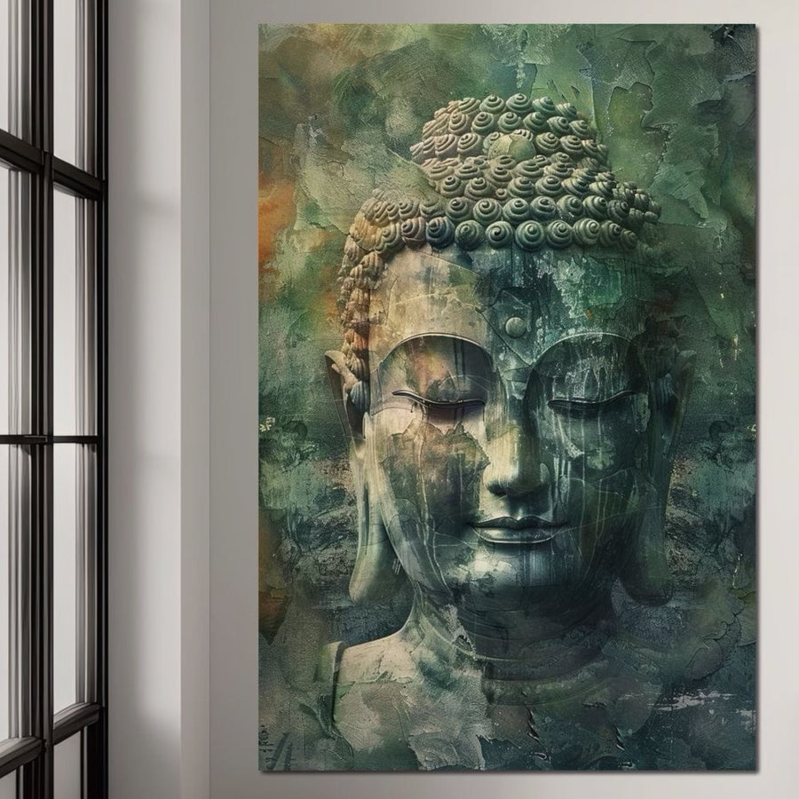 The LuxCanva® Tablou Canvas Premium LuxCanva® I136, Esenta Meditativa, Buddha, aduce liniste si armonie pe perete alb langa ferestre cu rame negre, in nuante texturate de verde, albastru si tonuri pamantii pe panza bumbac.