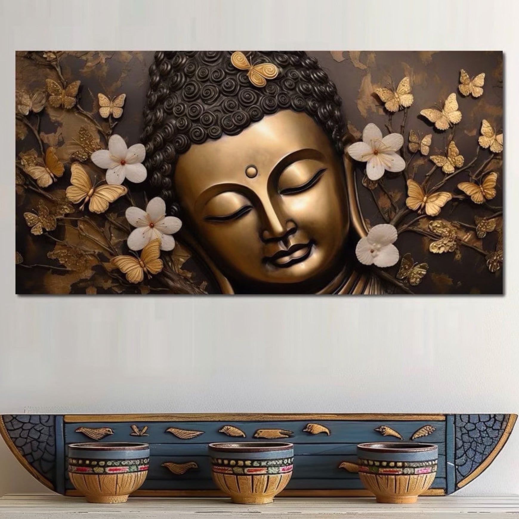 Tablou Canvas Premium LuxCanva® I141, Aura Meditatiei, Buddha, Zen, Echilibru, Meditatie, Spiritualitate, Contemplare, Armonie, Flori, Fluturi, Gold, Living, Dormitor