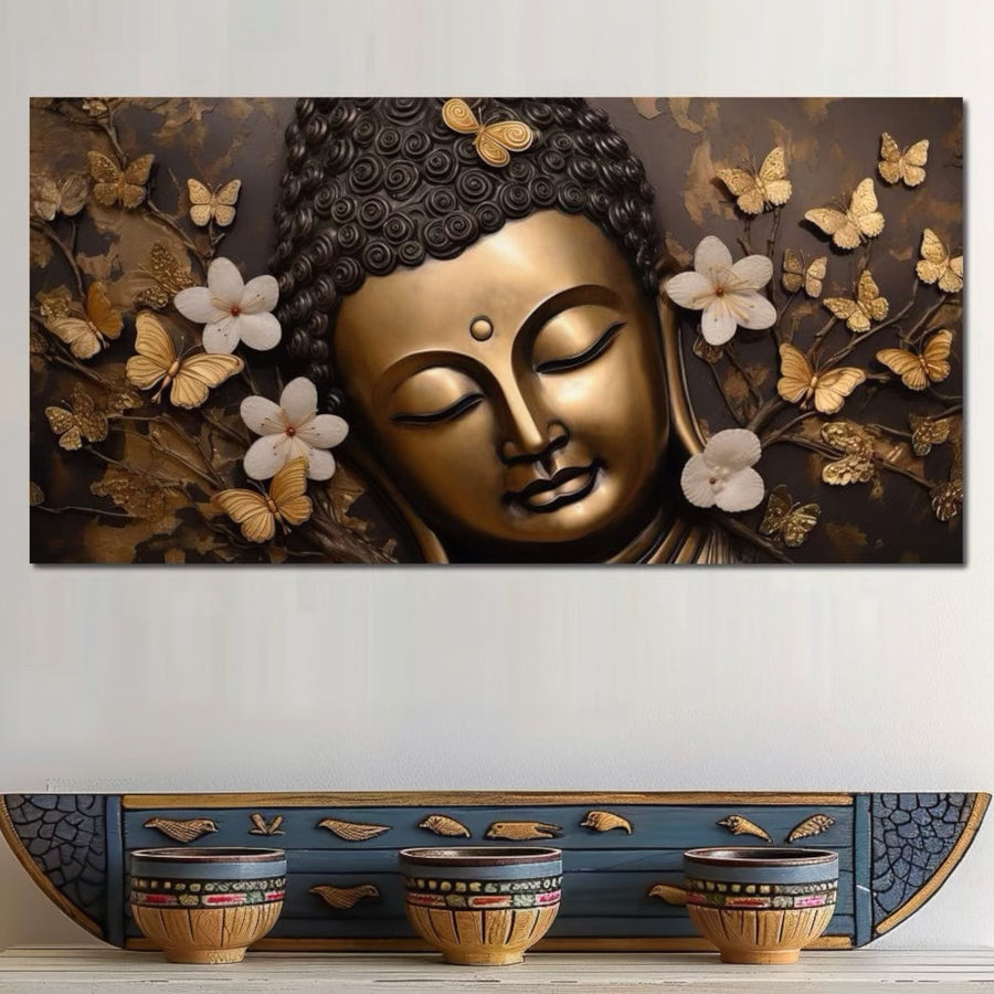 LuxCanva® Tablou Canvas Premium LuxCanva® I141, "Aura Meditatiei": arta de perete cu Buddha auriu, fluturi aurii si flori albe, ideal pentru living sau dormitor, pe pânză bumbac calitate premium.