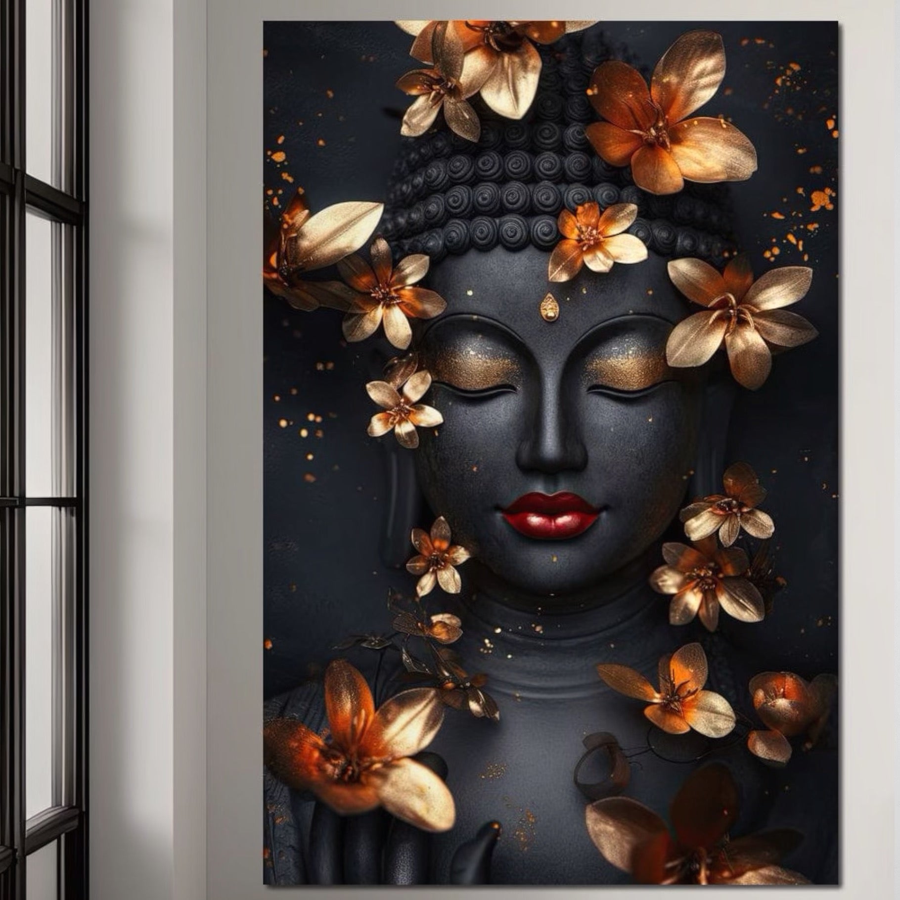 Tablou Canvas Premium, LuxCanva® I144, Flori de Aur, Zen, Iluminare, Echilibru, Energie, Meditatie, Liniste, Buze Rosii, Flori, Urna, Eleganta, Gold, Living, Dormitor