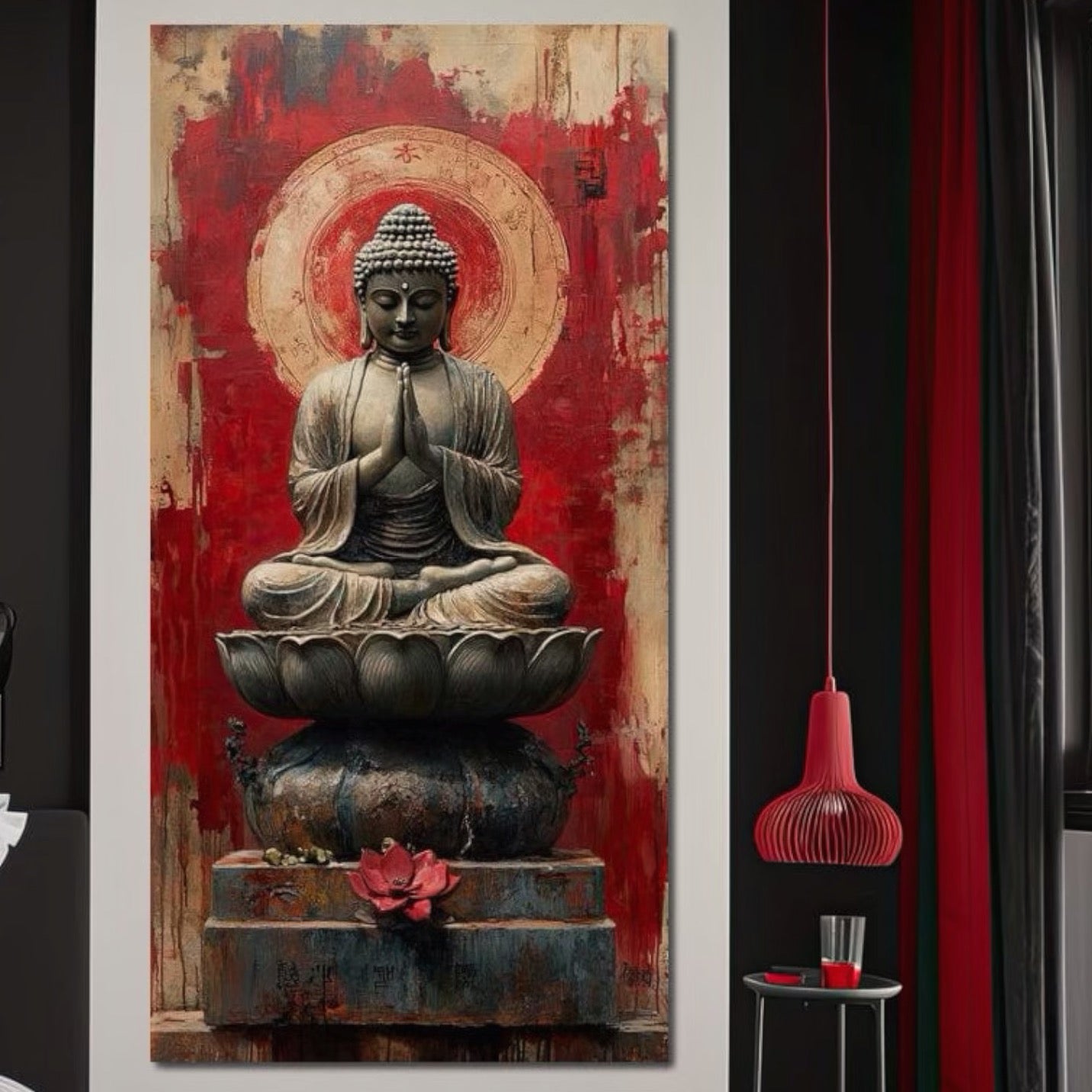 Tablou Canvas Premium LuxCanva® I148, Esenta Zen, Buddha, Zen, Meditatie, Yoga, Lotus, Aura, Spiritualitate, Armonie, Rugaciune, Pace Interioara, Rosu, Living, Dormitor