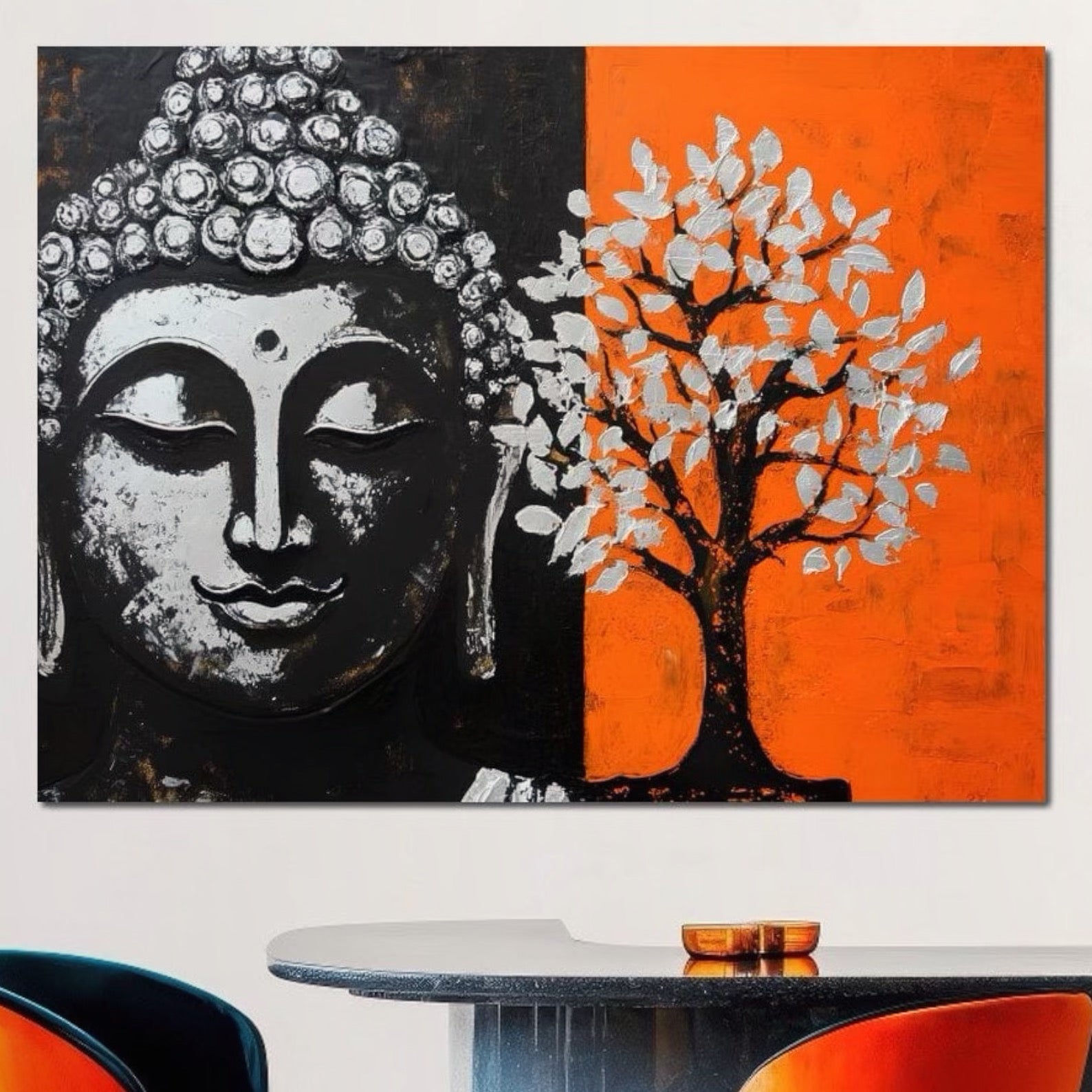 Tablou Canvas Premium LuxCanva® I153, Copacul Vietii, Buddha, Zen, Armonie, Spiritualitate, Energie, Echilibru, Meditatie, Copac, Iluminare, Portocaliu Living, Dormitor
