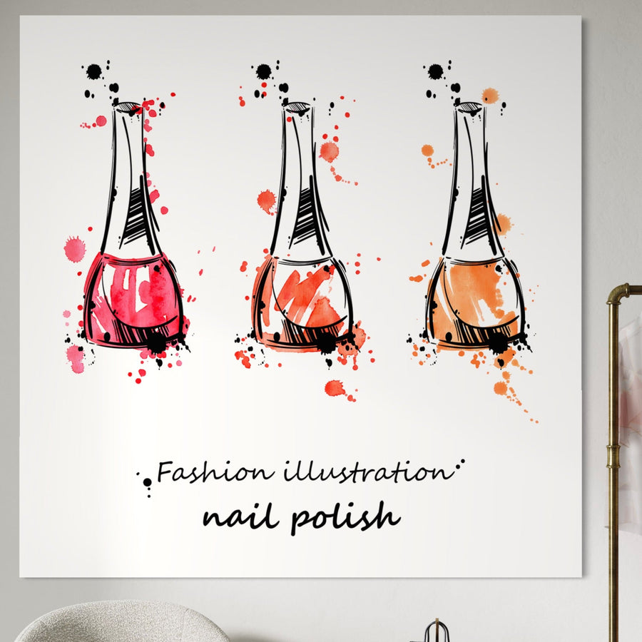 Tablou Canvas Premium LuxCanva® B1130, cu design vibrant de trei sticle de ojă roșie, coral și portocaliu, ideal pentru salon de înfrumusețare, manichiură sau pedichiură. Brand: LuxCanva®.