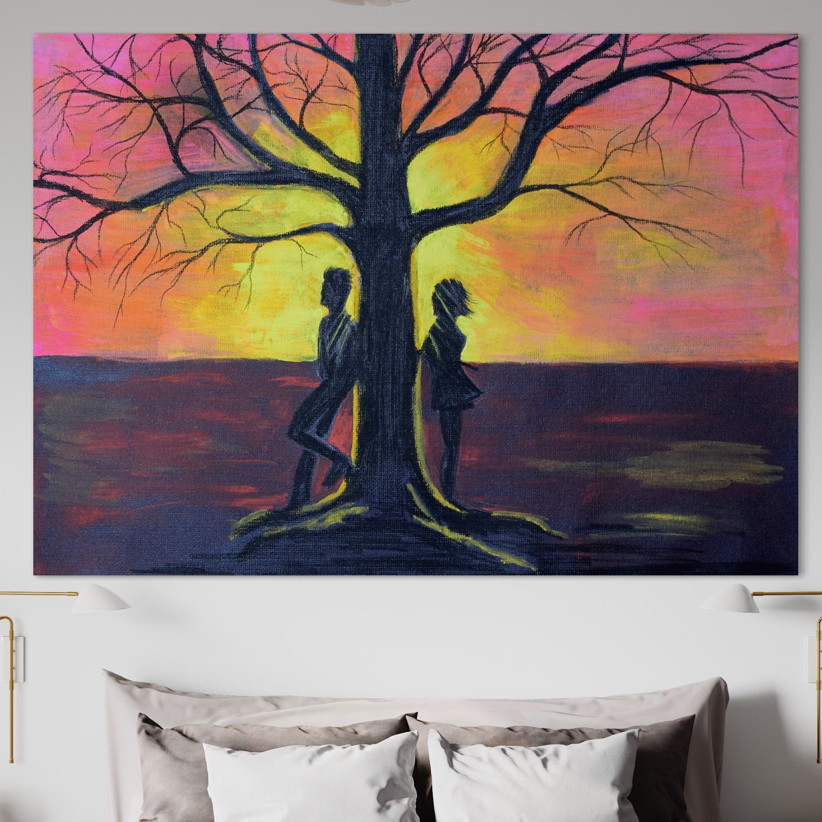 Tablou Canvas Premium LuxCanva® B1129, Cuplu La Apusul Soarelui , Apus, Copac, Living, Iubire, El Si Ea, Dormitor, Culori Vibrante