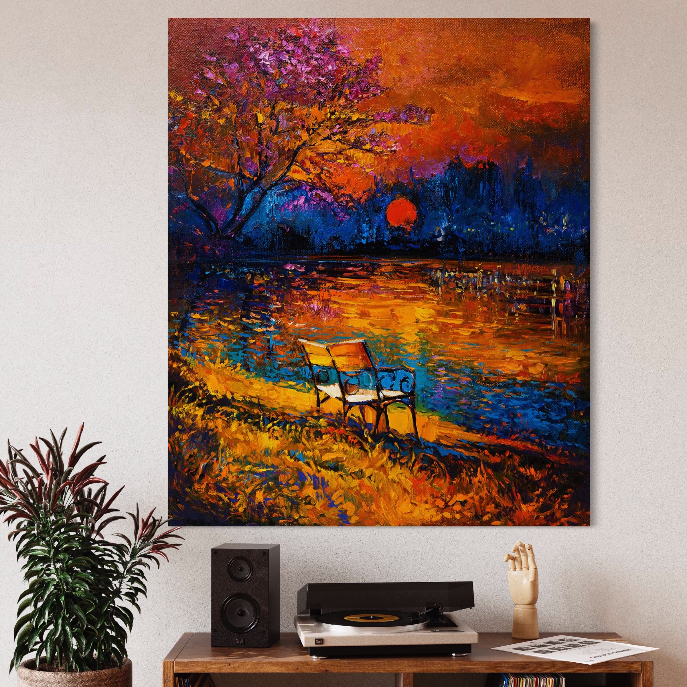 Tablou Canvas Premium LuxCanva® B1127, Apus Pe Lac , Culori, Lac, Banca, Living Room, Apus, Inspirational, Dormitor, Culori Vibrante