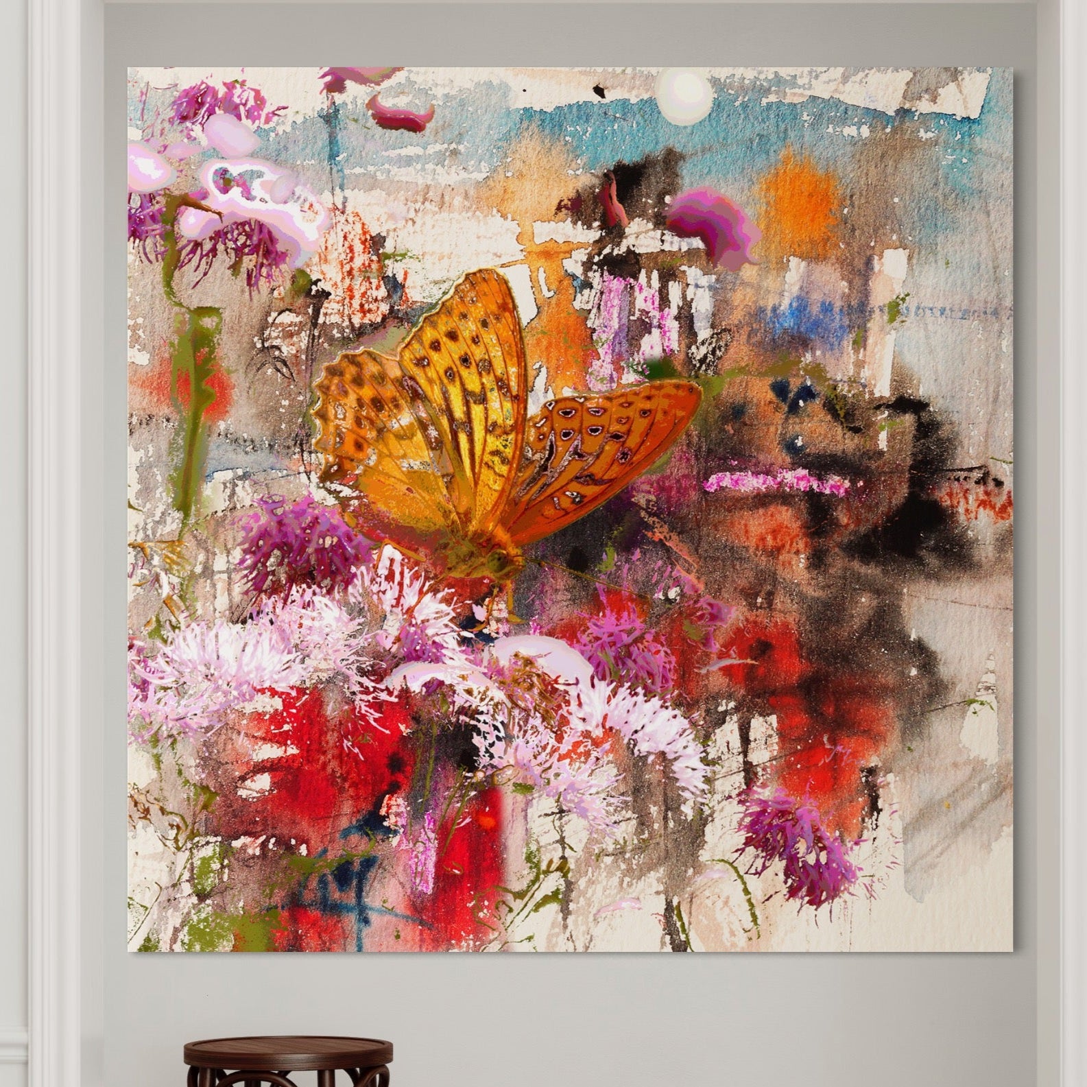 Tablou Canvas Premium LuxCanva® B1121, Flori Si Fluturi ,  Culori, Living, Flori, Mireasma, Dormitor, Fluture, Primavara, Culori Vibrante