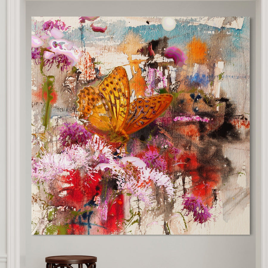 Tablou Canvas Premium LuxCanva® B1121 - fluturi și flori în culori vibrante, printat pe pânză bumbac de calitate superioară, aduce prospețime și rafinament oricărui spațiu de living sau dormitor.