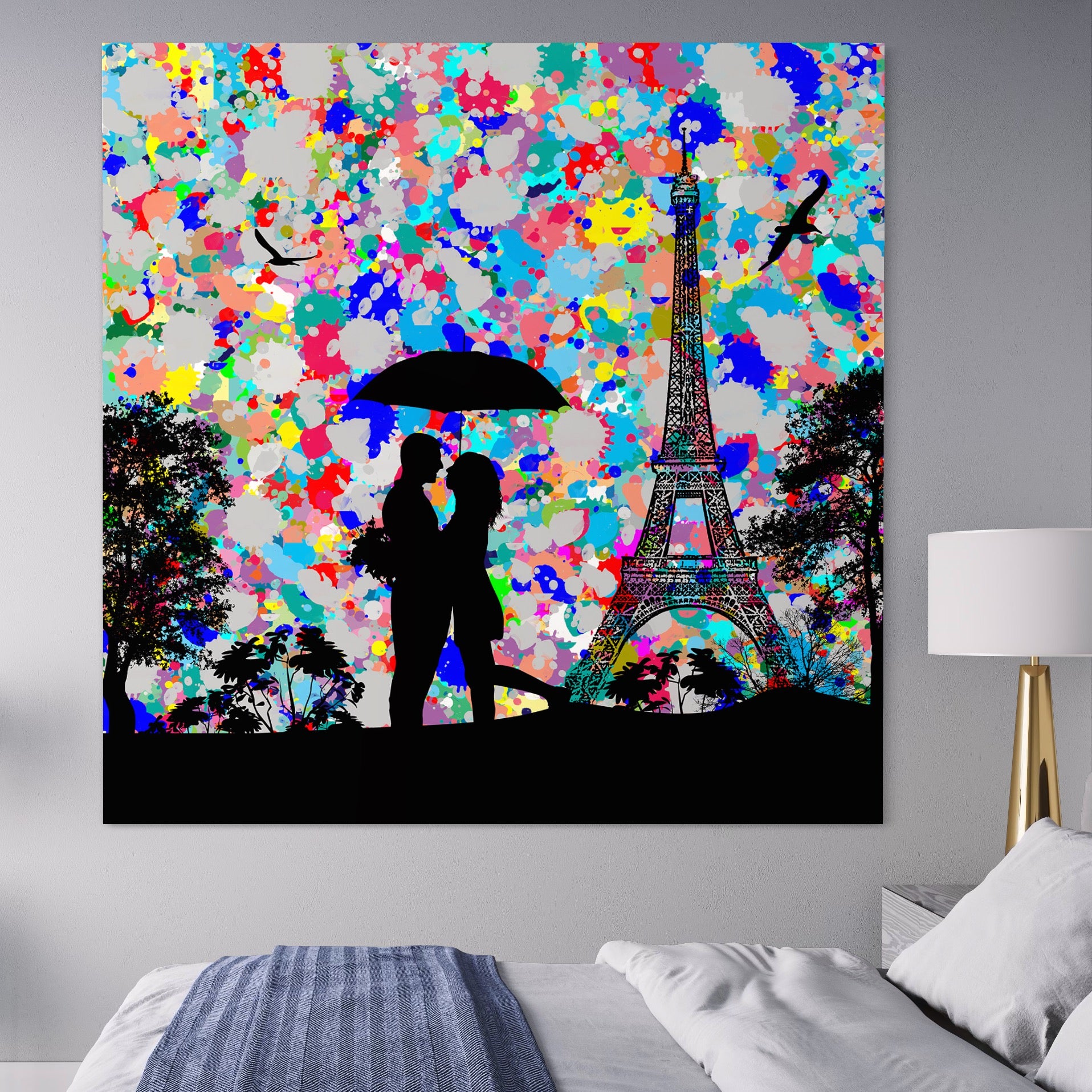 Tablou Canvas Premium LuxCanva® B1119, Love In Paris , Living, Paris, Umbrela, Indragostiti, Dormitor, Turnul Eiffel, Culori Vibrante